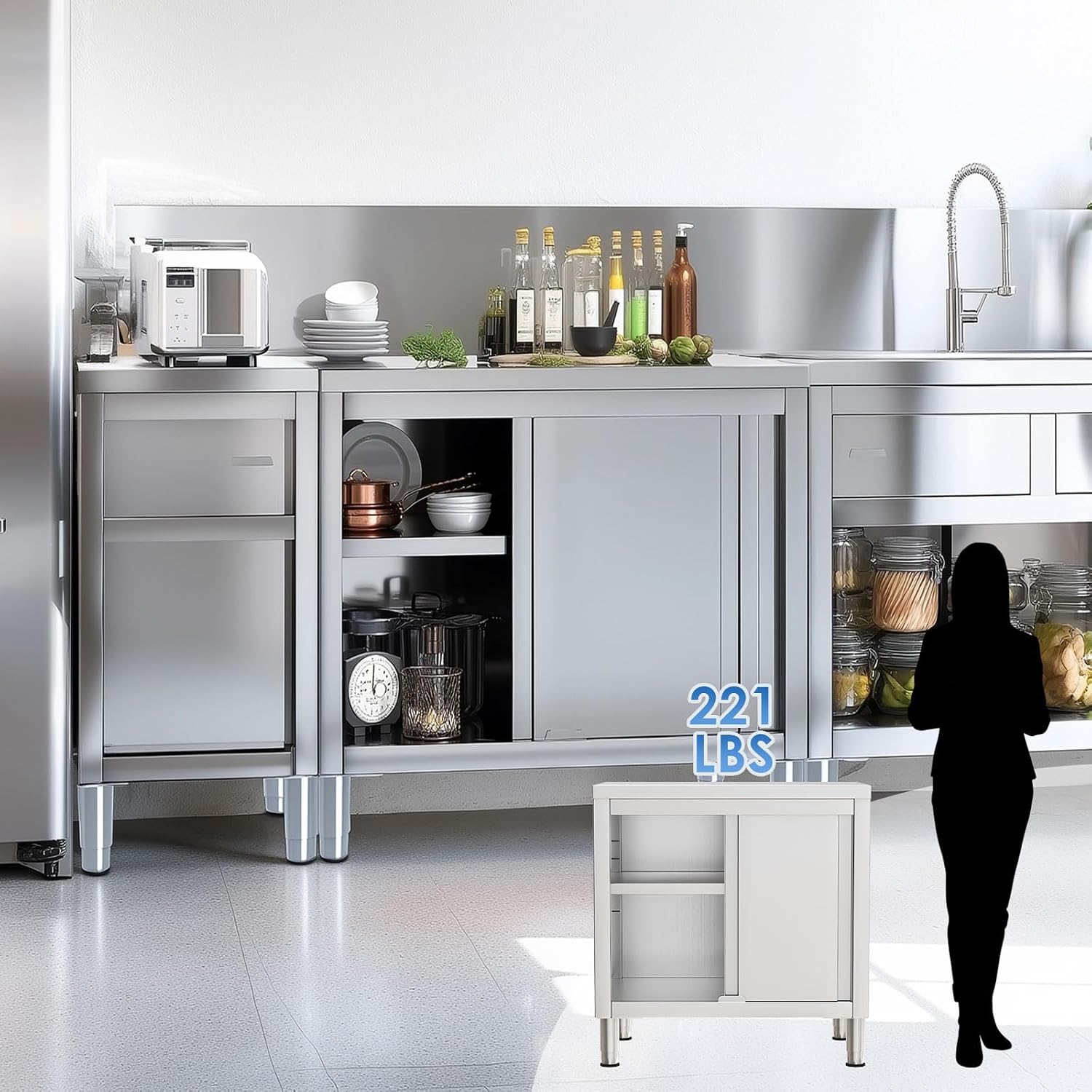 Stainless Steel Work Table with Cabinet 31'x20',Commercial Kitchen Workbench with Sliding Doors for Prep Work, Heavy Duty Prep Table for Restaurant,Garage,Warehouse