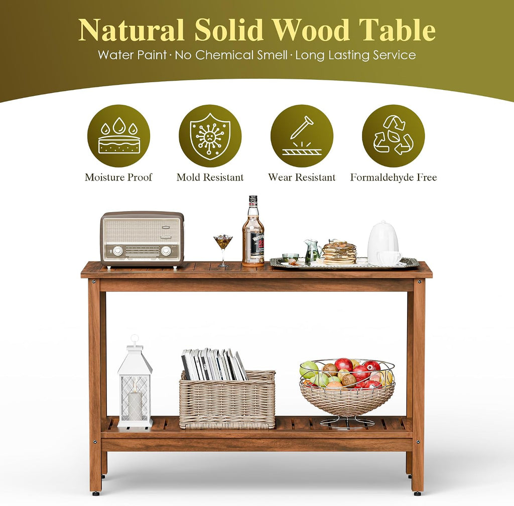 SUPER DEAL 2-Tier Solid Wood Side Table, Outdoor Console Table with Storage Shelf, Adjustable Feet Buffet Bar Organizer for Patio Porch, All-Weather Natural