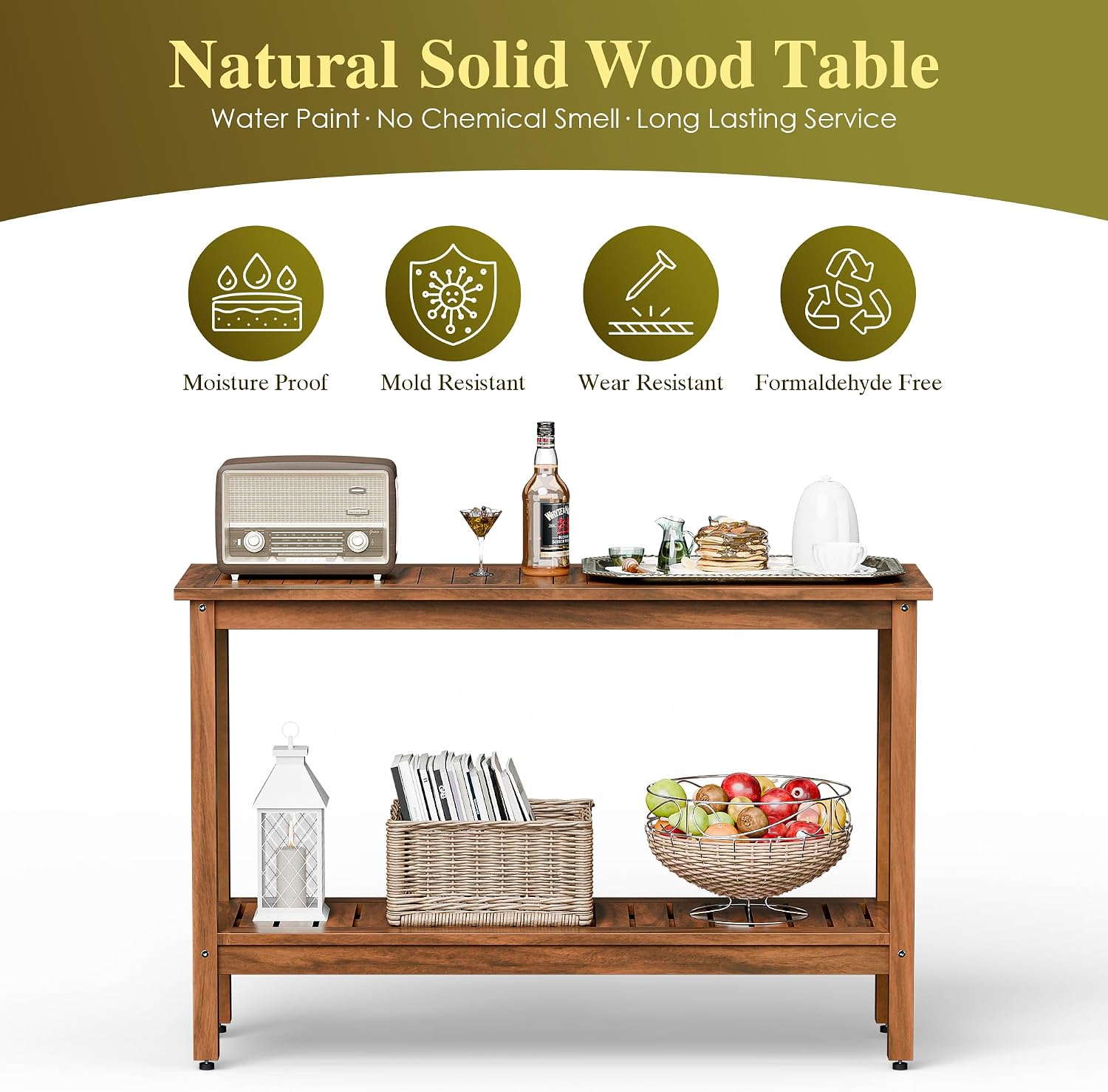 SUPER DEAL 2-Tier Solid Wood Side Table, Outdoor Console Table with Storage Shelf, Adjustable Feet Buffet Bar Organizer for Patio Porch, All-Weather Natural
