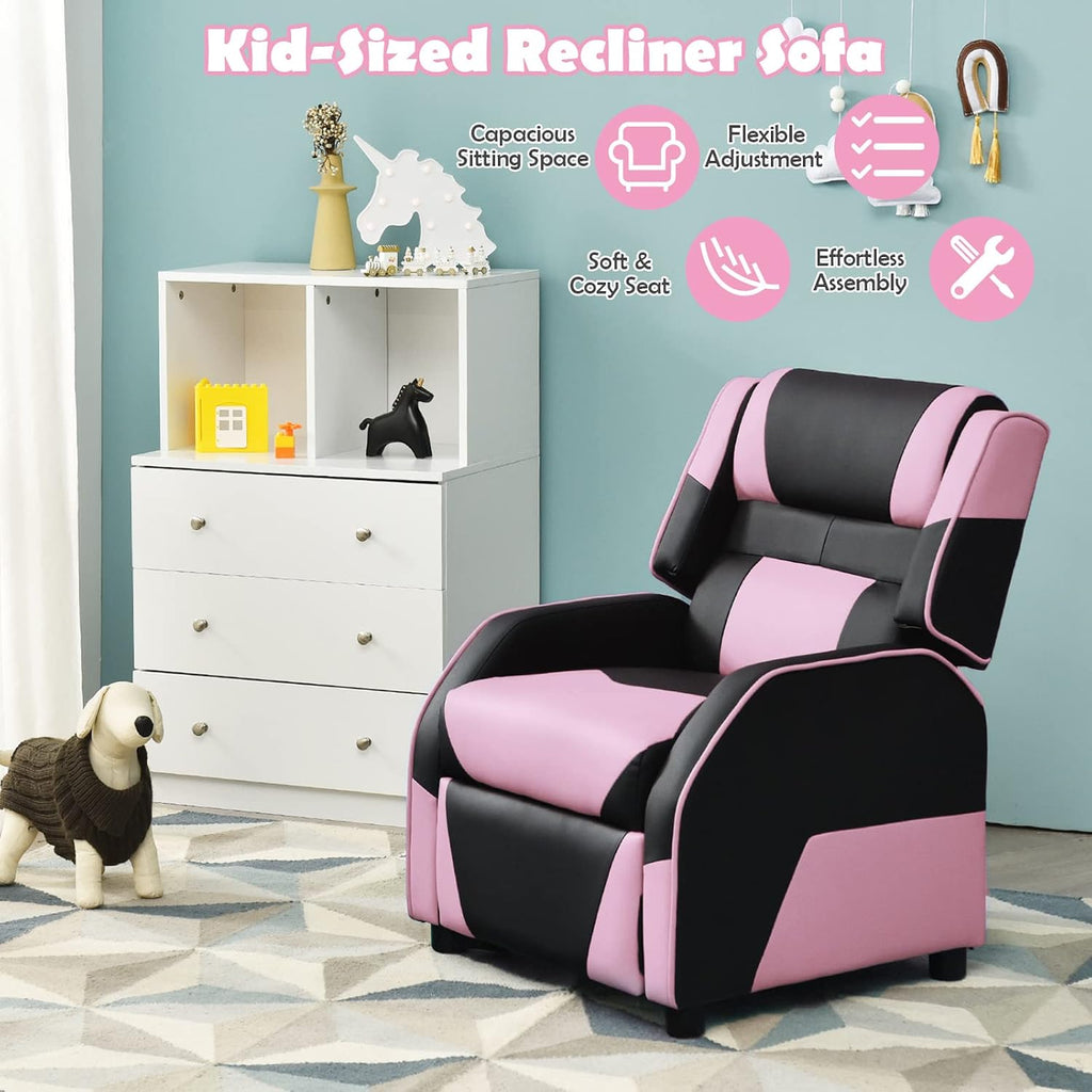 COSTWAY Kids Recliner Sofa, Toddler Leather Recliner with Adjustable Footrest & Headrest, Gaming Reclining Chair for Boys Girls Aged 3 Years Up, Kid-Sized Lounge Chair for Living Room (Pink)