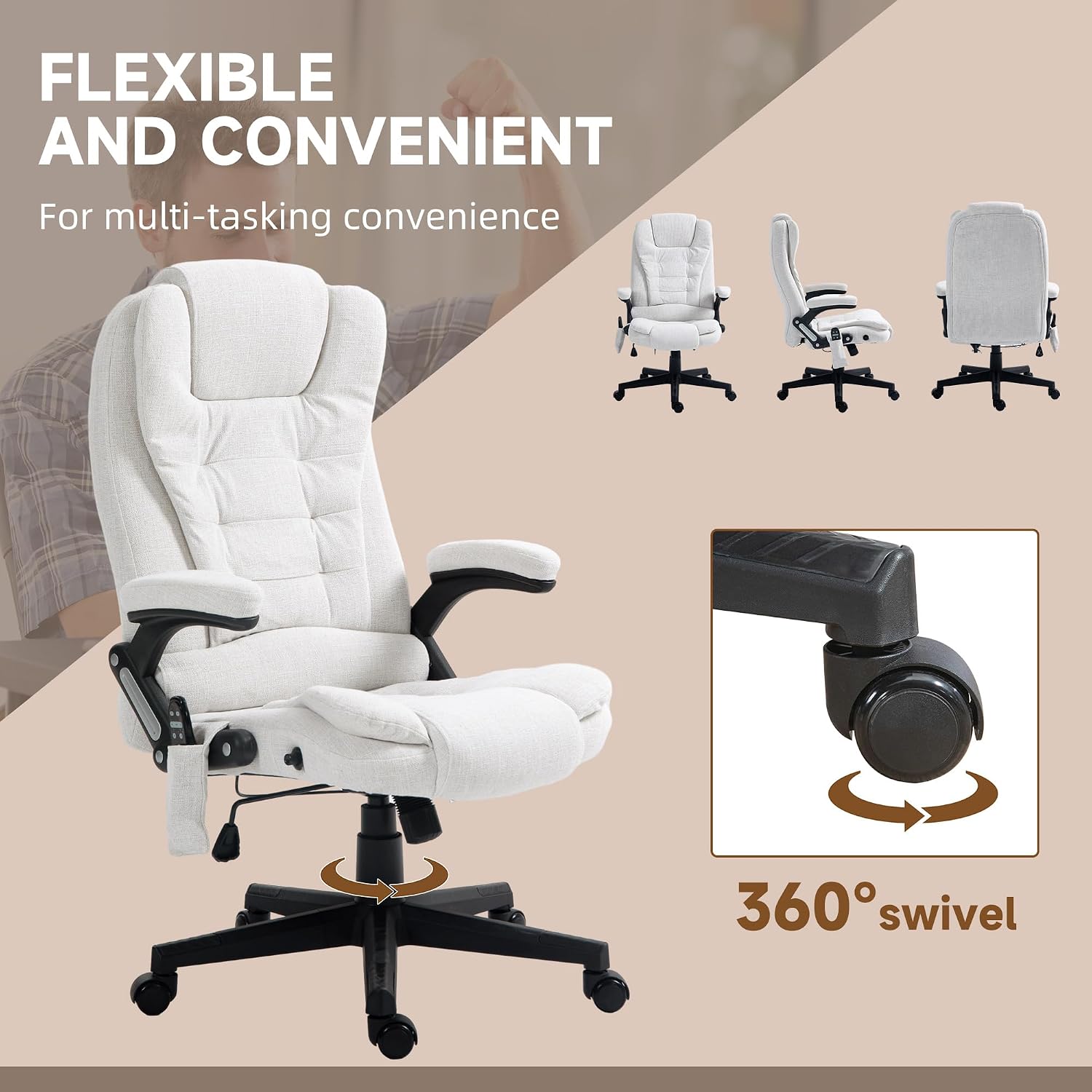 Vinsetto 6 Point Vibrating Massage Office Chair with Heat, Linen High Back Executive Office Chair with Reclining Backrest, Padded Armrests and Remote, Cream White