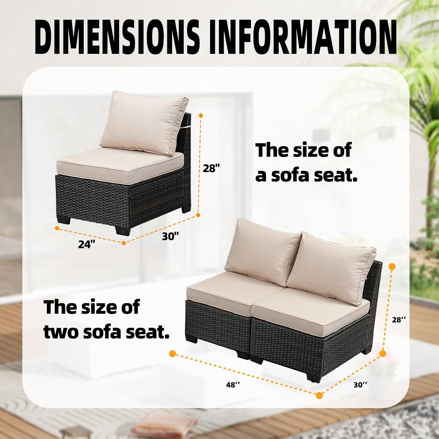 Outdoor Wicker Armless Sofa 2 Pack, Patio Rattan Sectional Sofa Set with Thick Seat Cushions and 2 Back Cushions for Garden, Backyard, Poolside Beige