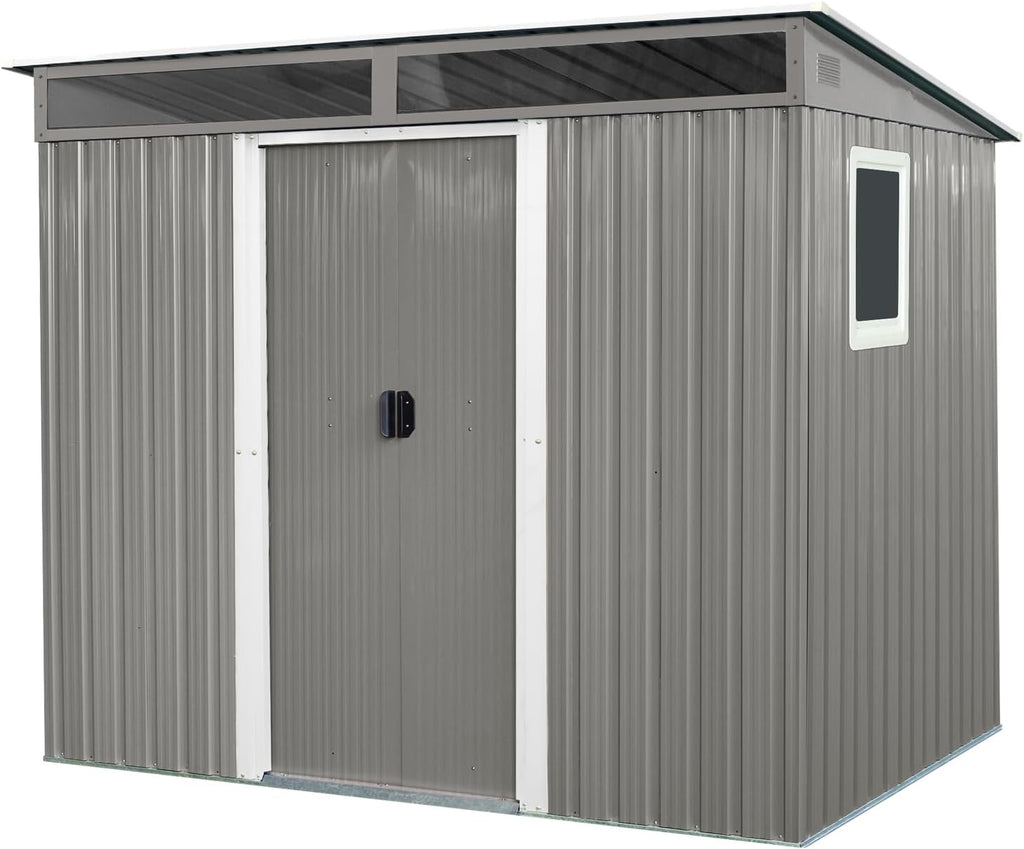 JT 8X6FT Outdoor Storage Shed, Galvanized Metal Garden Shed with Window and Metal Foundation, Tool Storage Shed for Patio Lawn Backyard (Gray-with The window-8ftx6ft)