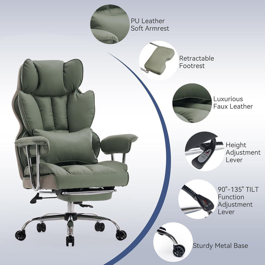 Efomao Executive Office Chair for Heavy People, High Back Computer Chair with Foot Rest, Height Adjustable PU Leather Office Chair,Big and Tall Office Chair (Green)