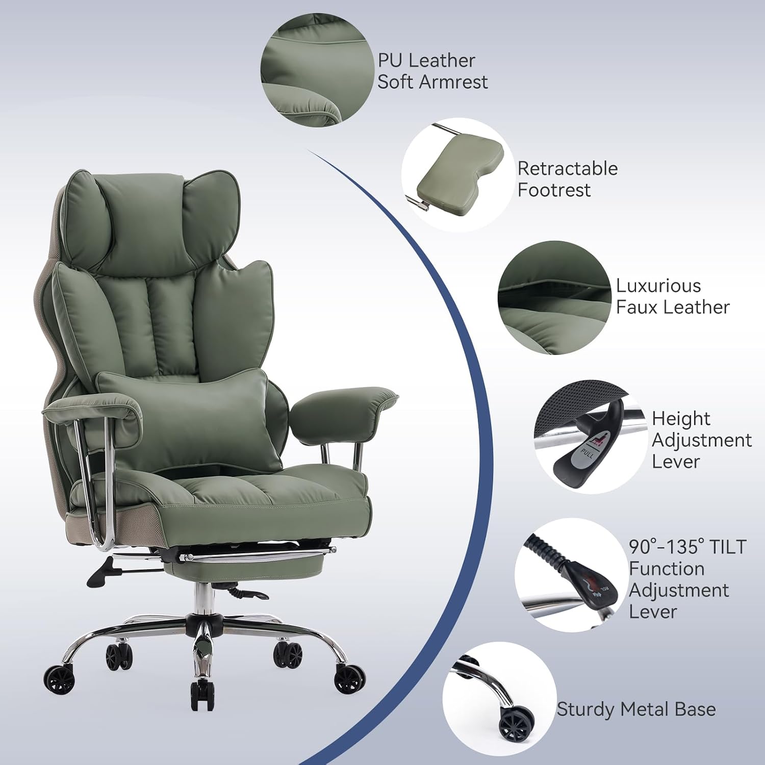 Efomao Executive Office Chair for Heavy People, High Back Computer Chair with Foot Rest, Height Adjustable PU Leather Office Chair,Big and Tall Office Chair (Green)