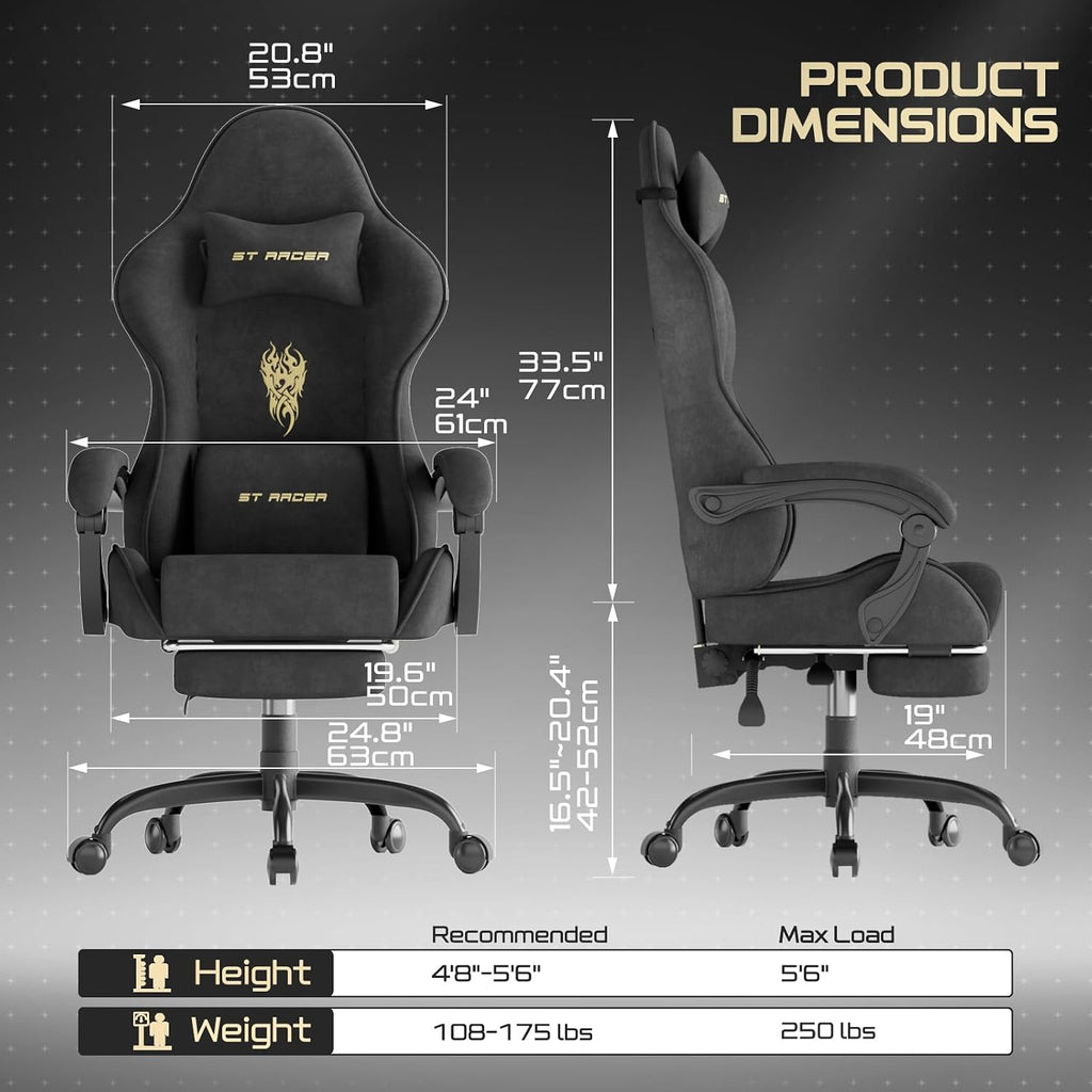 Soontrans Comfortable Video Gamer Chairwith Footrest, Ergonomic Velvet Fabric Gaming Chair for Adult, Reclining Desk Game Office Computer Chairs with Massage Lumbar Cushion,Headrest