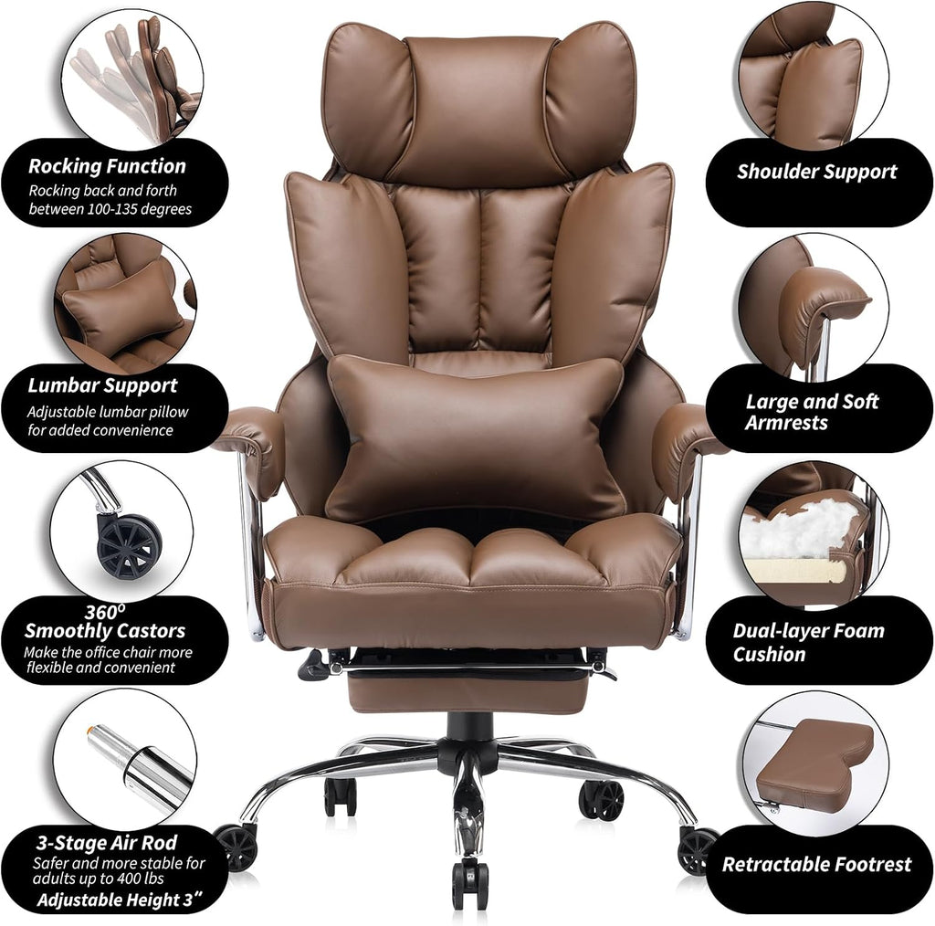 Efomao Big and Tall Office Chair 400lbs – High Back Executive Chair with Swivel Base, PU Leather Upholstery, Lumbar Pillow, Padded Armrests, and Rolling Wheels，Brown Computer Chair