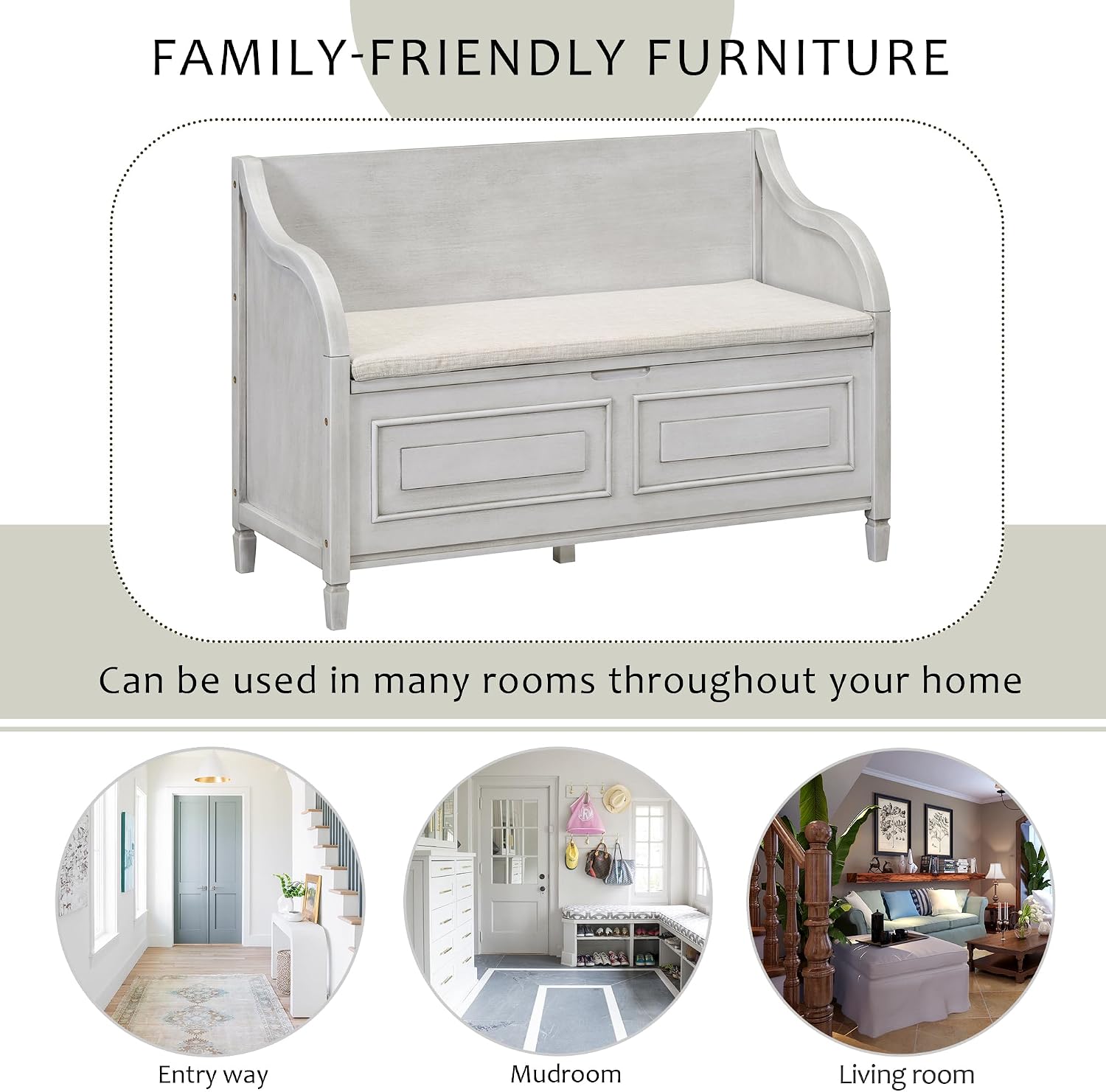 Bellemave Storage Bench with Safety Hinge Wooden Entryway Benches with Shoe Cabinets Under Seat Multifunctional Storage Bench for Entryway, Foyer or a Mudroom (Grey Wash + Beige)
