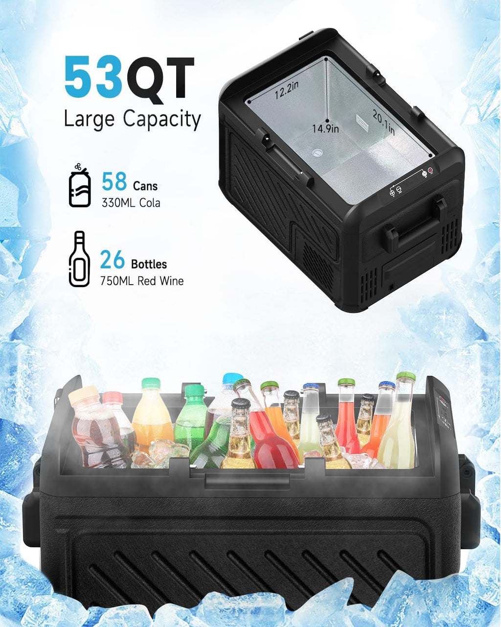 SubSun Portable Car Refrigerator, Car Refrige(-8℉~68℉), Electric Compressor Cooler 12V/24V DC and 110-220V AC for Camping, Road Trip, Boat, Skincare, Outdoor and Home (53 Quart)