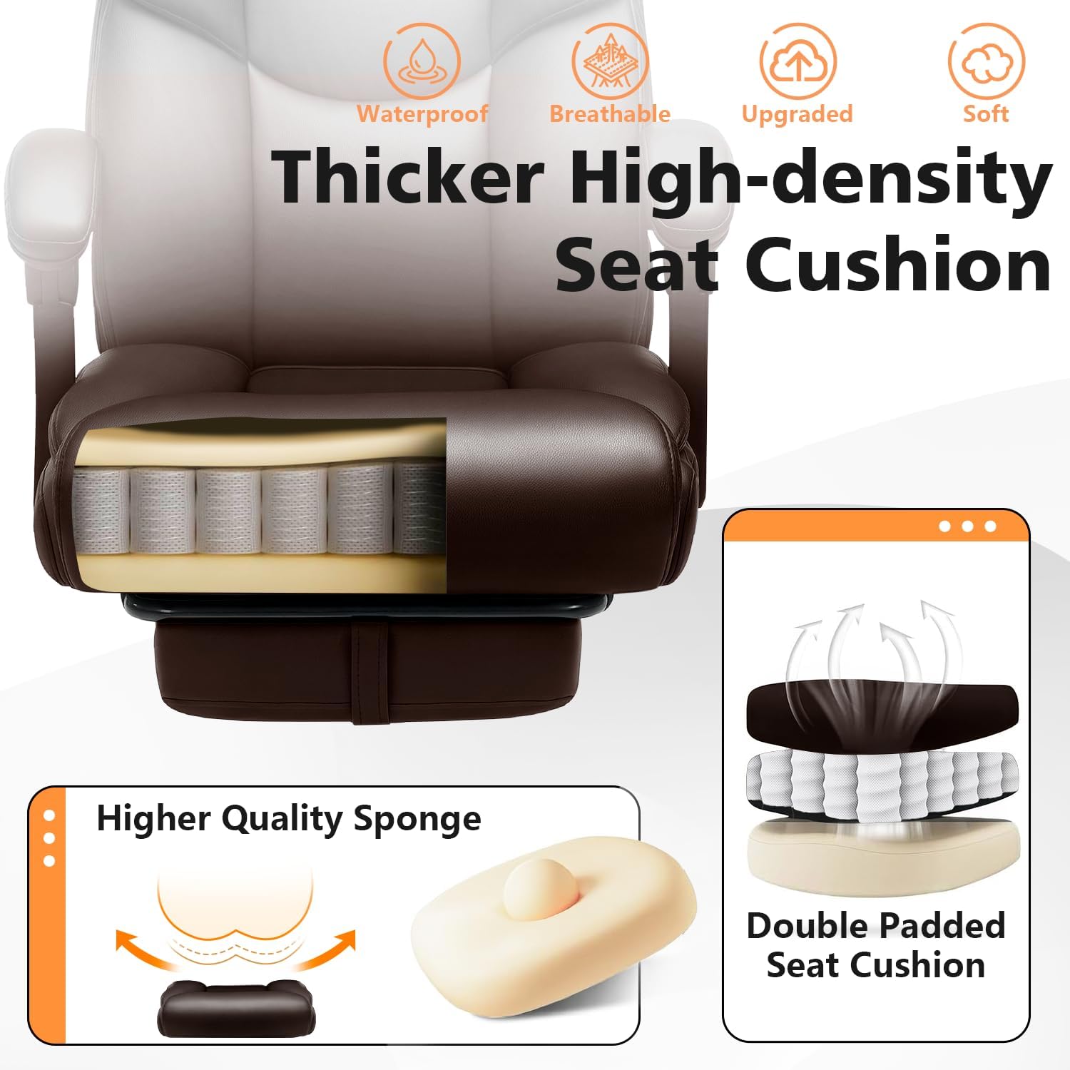 WAILOR 400lbs Office Chair with Foot Rest, Reclining Big and Tall Office Chair with Lumbar Support, High Back PU Leather Computer Chair,Comfy Desk Chair for Home Office (Casual) (Brown)