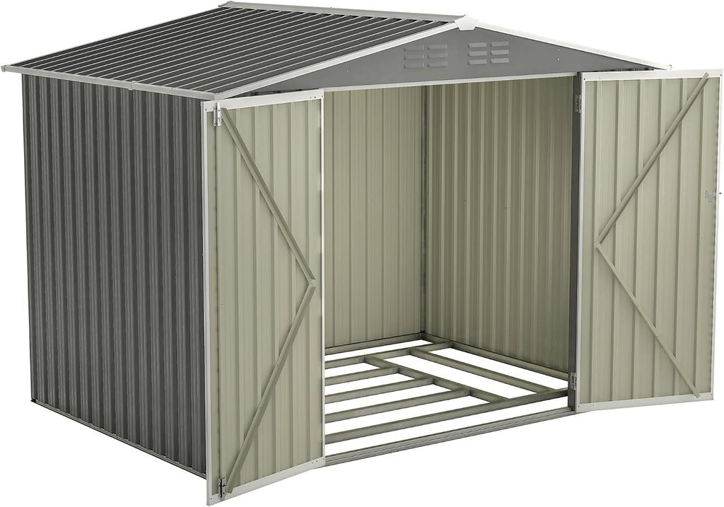 10x8 ft Outdoor Storage shed All Weather Metal Garden shed with Lockable Double Doors Tool Storage for Backyard Patio Lawn and Garden Organization Large Capacity (8x6 ft Grey with Floor Frame)
