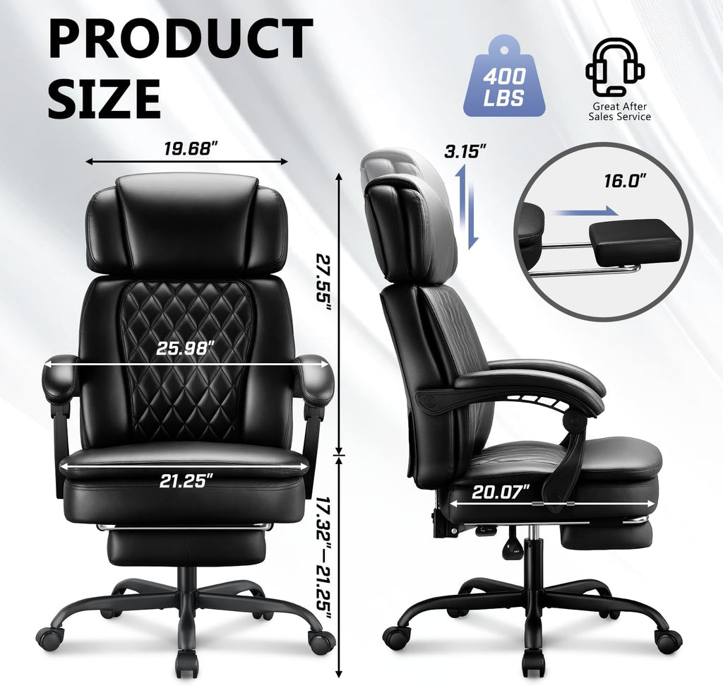 400lbs Executive Office Chair with Foot Rest for Heavy People, Ergonomic Big and Tall Desk Chair with Adjustable Headrest, High Back PU Leather Comfy Heavy Duty Computer Chair with Spring Cushion