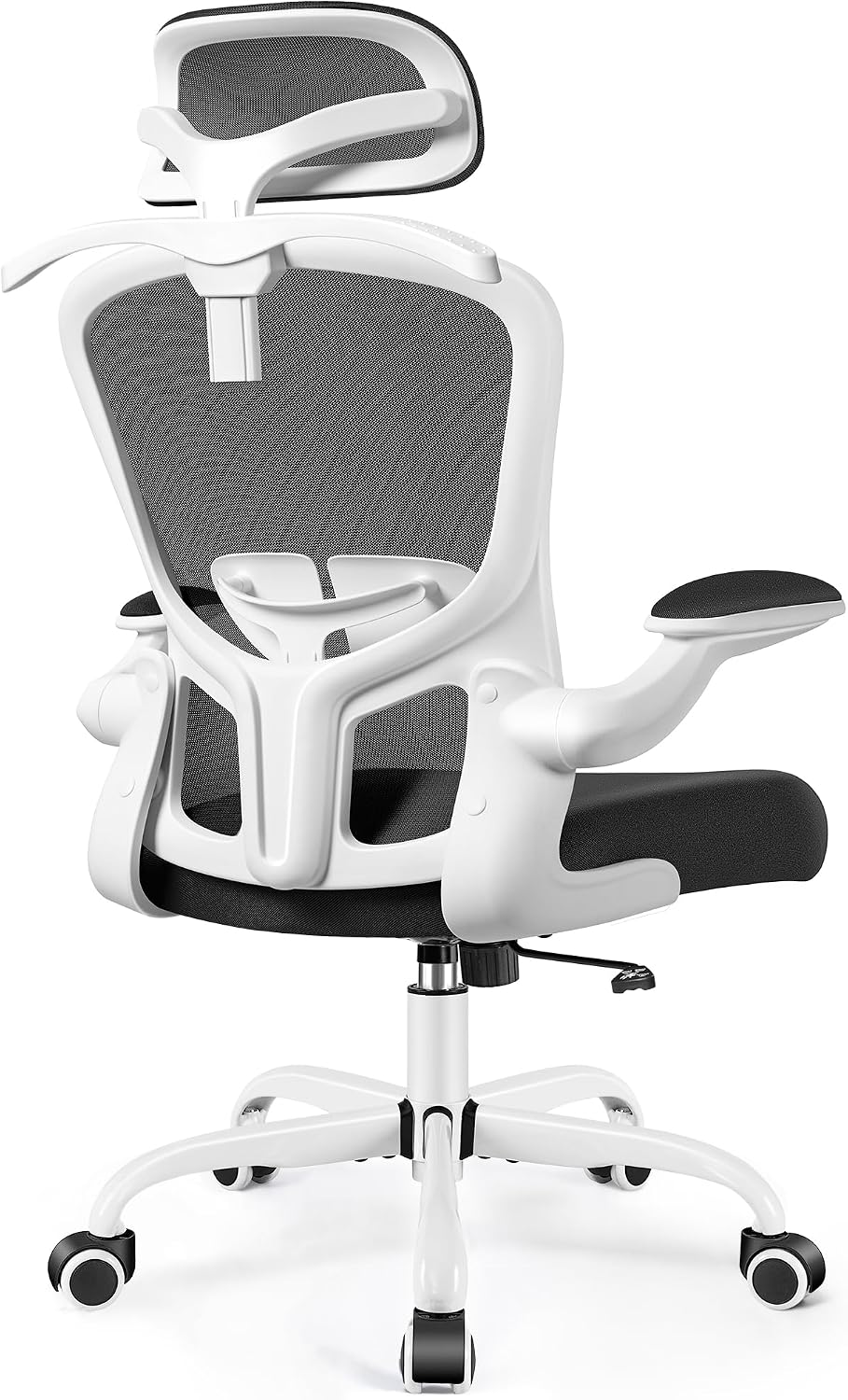 FelixKing Office Chair with Headrest, Ergonomic Desk Chair with Wheels, Task Swivel Comfy Chair with Adjustable Lumbar Support, Breathable Mesh Computer Chair with flip-up Armrests (White)