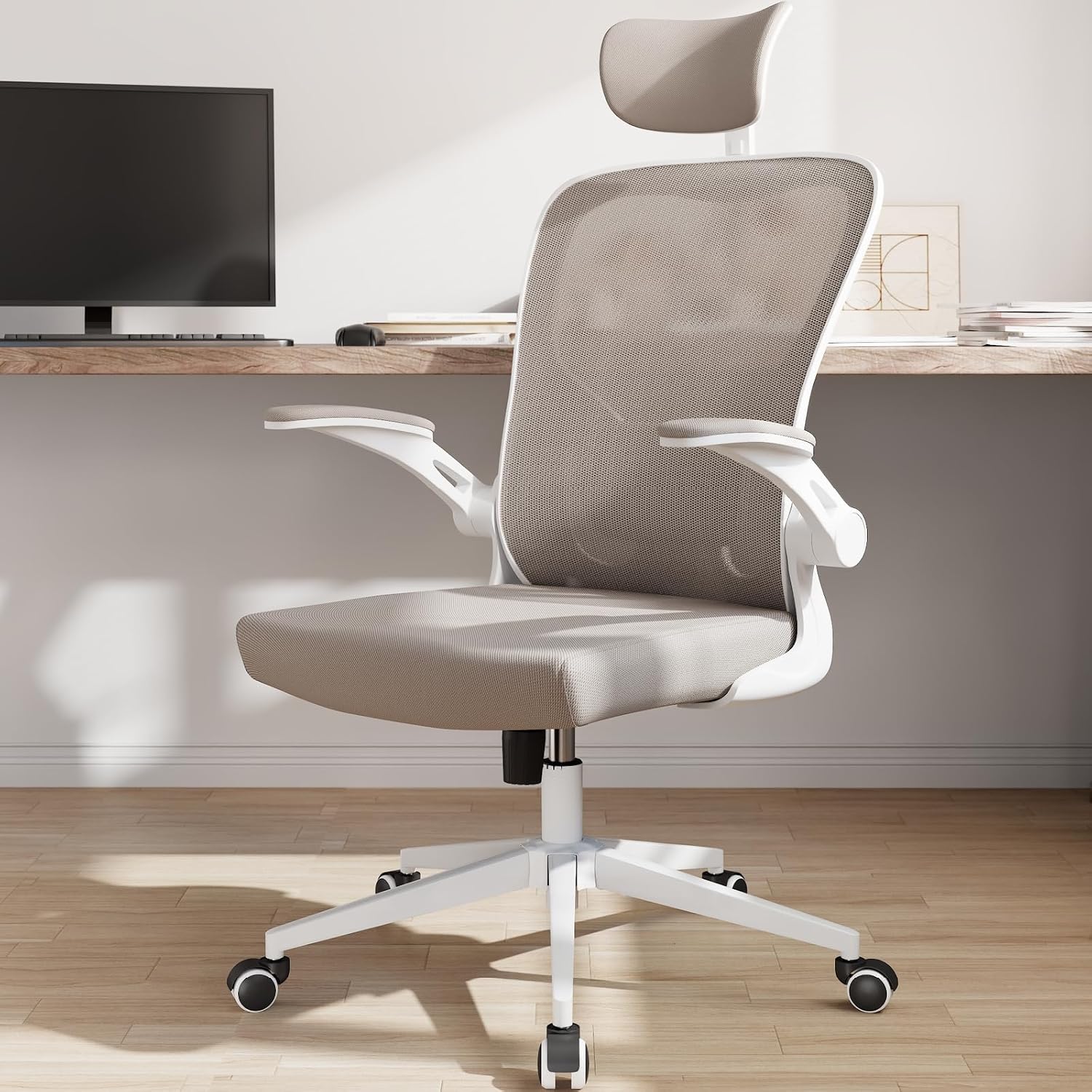 Office Chair Ergonomic Desk Chair with Lumbar Support&Headrest&Flip-up Arms Height Adjustable Rocking Swivel High Computer Chair Multi-Angle from 90° to 125° with 350LBS Capacity(White+Khaki-2)