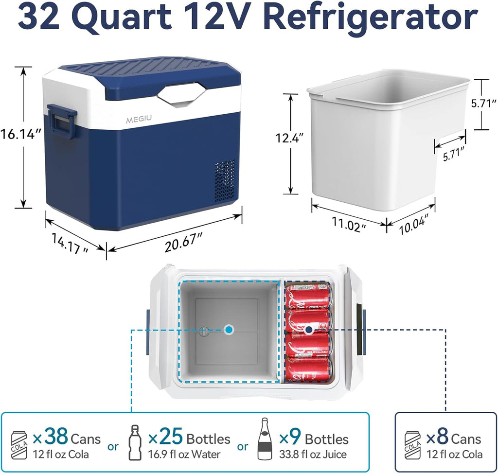 Megiu Car Refrigerator Portable 12V Fridge 32 Quart 12 Volt Freezer Compressor Cooler 12V/24V DC 110～240 V AC for Truck Van RV Camper SUV and Home Use