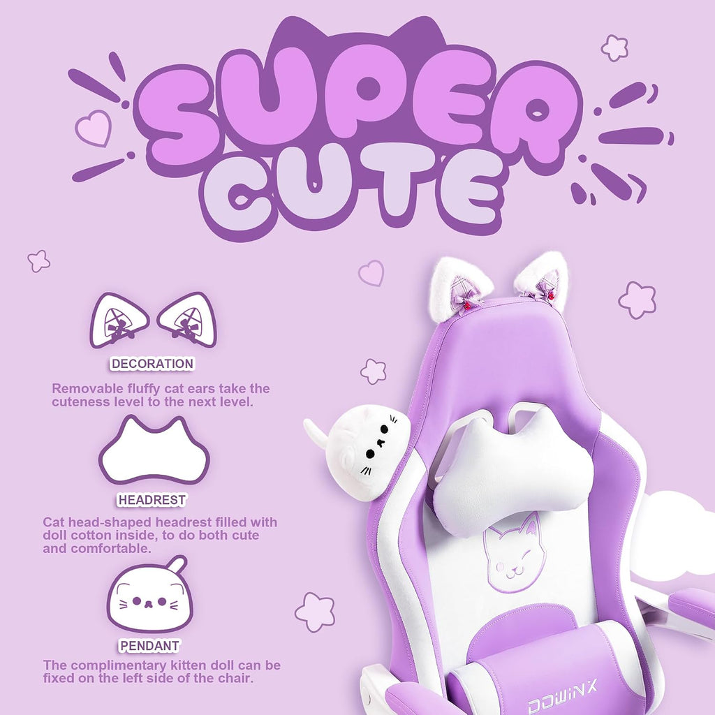 Dowinx Gaming Chair Cute with Cat Ears and Massage Lumbar Support, Ergonomic Computer Chair for Girl with Footrest and Headrest, Comfortable Reclining Game Chair 290lbs for Adult, Teen, Purple