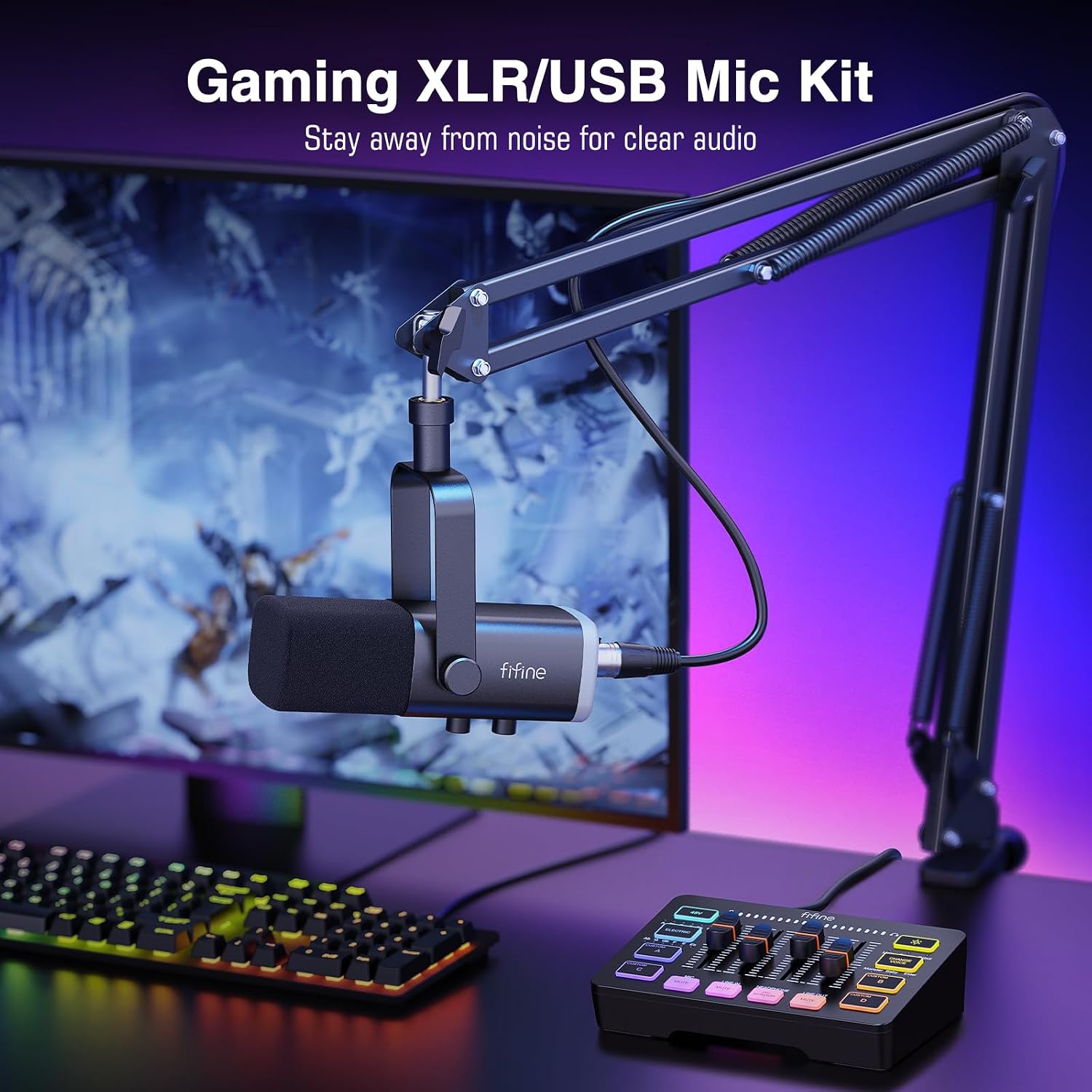 FIFINE XLR/USB Gaming Microphone Set and Gaming Audio Mixer,Dynamic PC Mic for Streaming Podcasting,RGB Recording Mixer with XLR Microphone Interface,Computer RGB Mic Kit with Boom Arm Stand(AM8T+SC3)