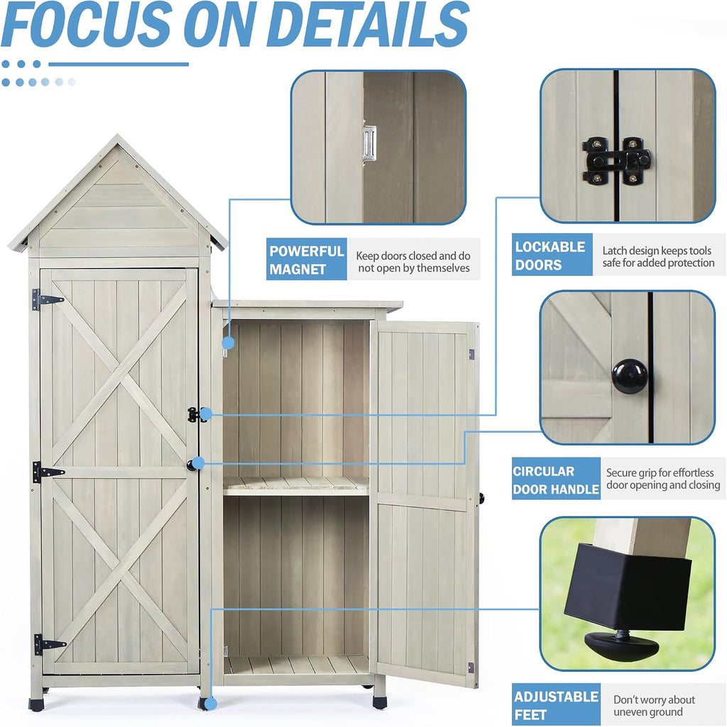 Outdoor Storage Cabinet|Waterproof Metal Roof & Wooden Vertical Design, Tall Garden Tool Shed with Multiple Shelves for Patio, Backyard, Lawn, Yard,Outdoor Storage shed