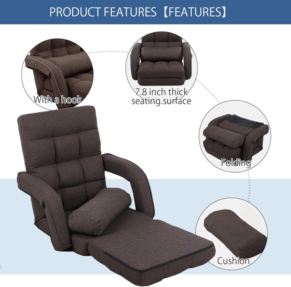 42-Position Adjustable Floor Chair, Chaise Lounge Chair Indoor,Comfy Folding Lazy Sofa Chair for Adults with Armrests and a Pillow Padded,Gaming Chairs for Living Room,Bedroom,Fabric,Brown