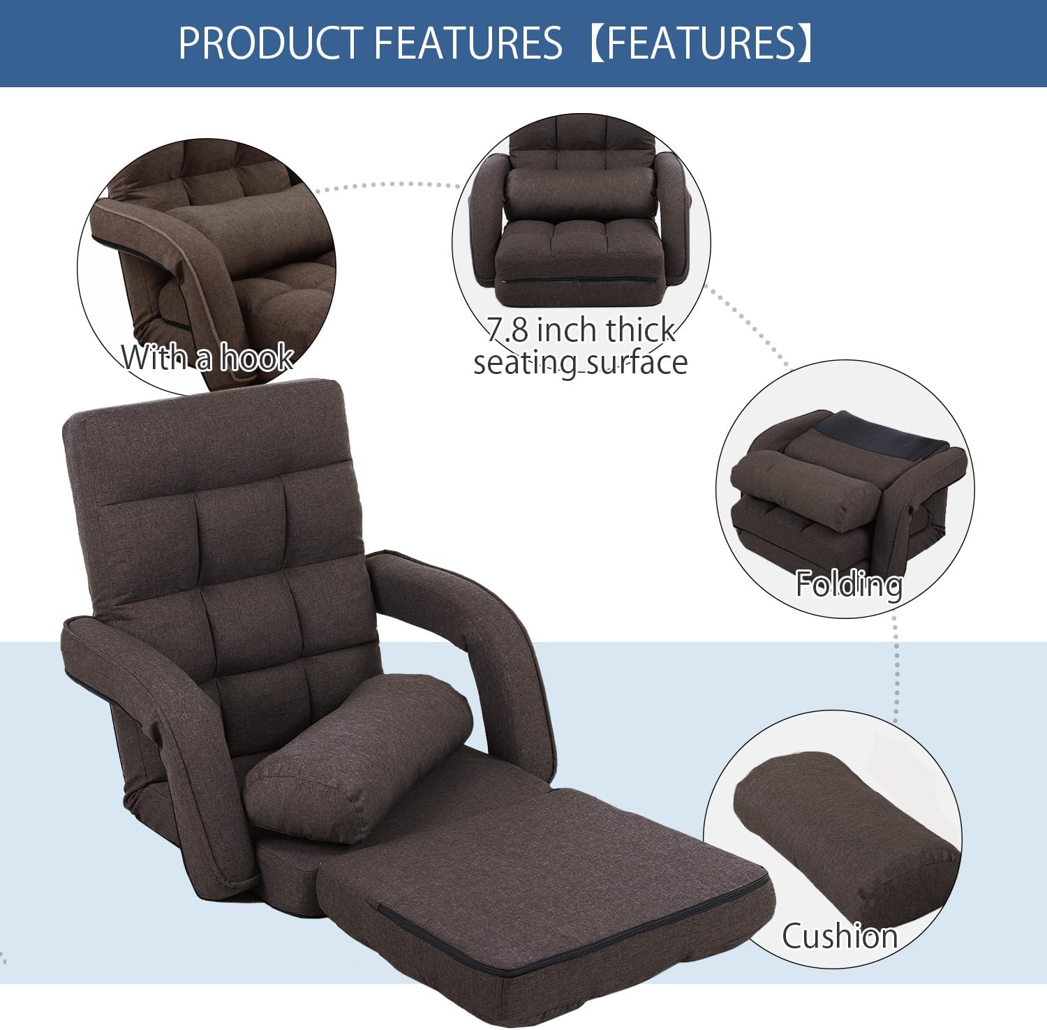 42-Position Adjustable Floor Chair, Chaise Lounge Chair Indoor,Comfy Folding Lazy Sofa Chair for Adults with Armrests and a Pillow Padded,Gaming Chairs for Living Room,Bedroom,Fabric,Brown