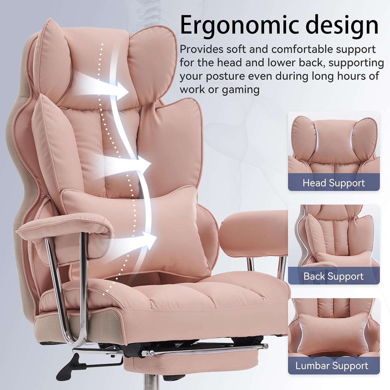 Efomao Big and Tall Office Chair, 400lbs Heavy Duty High Back Executive Chair with 23.6' Extra Wide Seat, PU Leather Desk Chair with Footrest and Padded Armrests, Pink