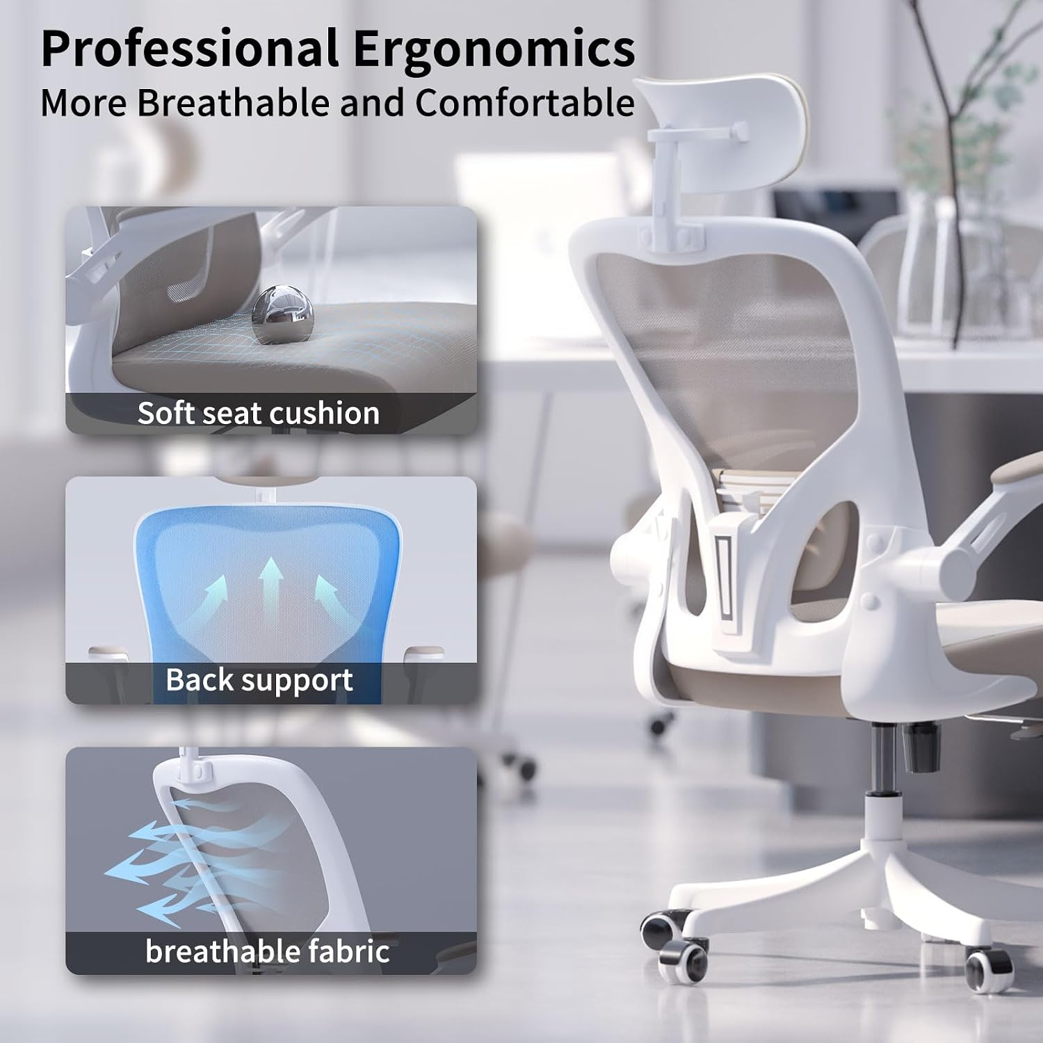 Monhey Office Chair Ergonomic Desk Chair with Lumbar Support&Headrest&Flip-up Arms Height Adjustable Rocking Swivel Computer Chair Multi-Angle from 90° to 125° with 350LBS Capacity (02White+Khaki)