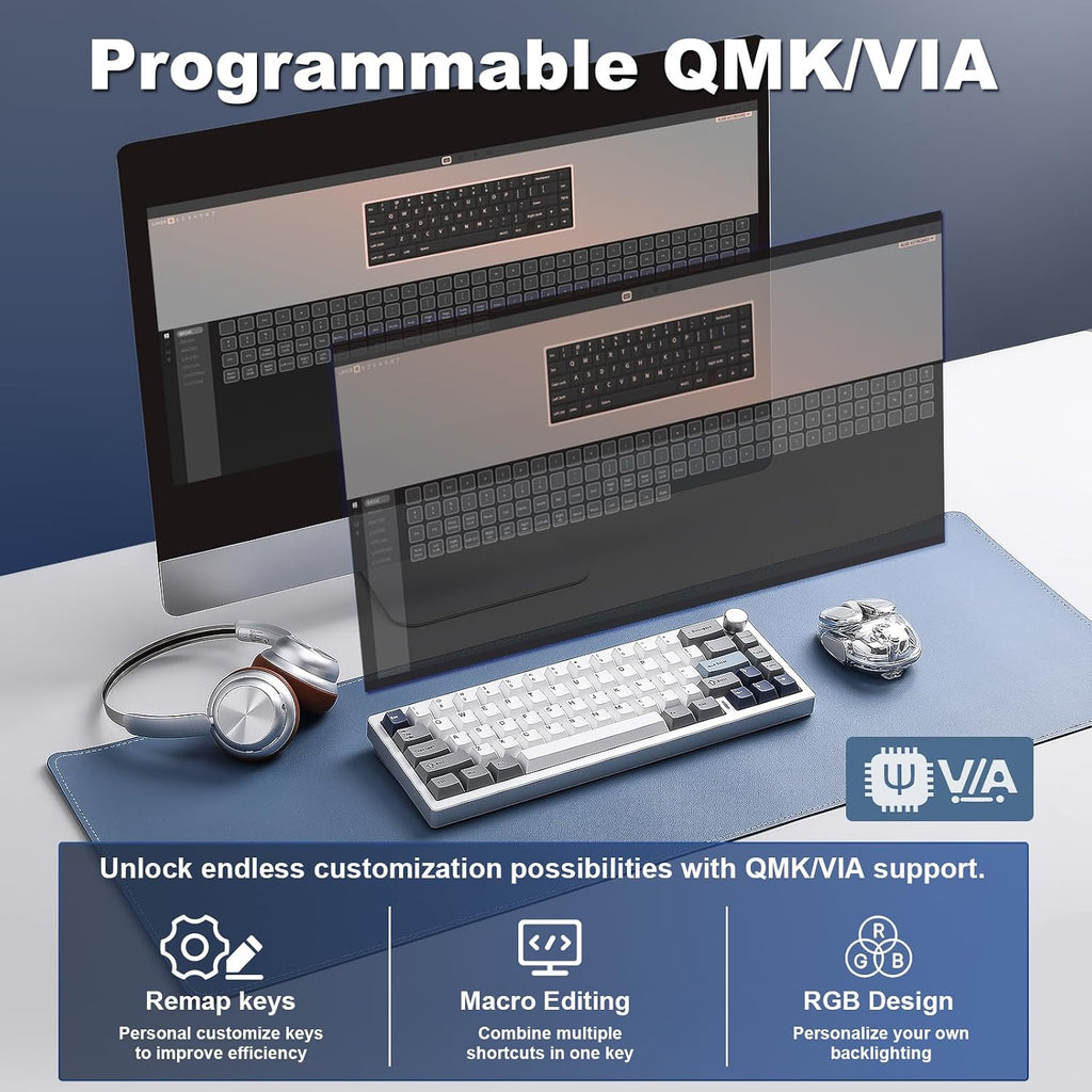 YUNZII AL68 Wireless Mechanical Keyboard,Full Aluminum CNC,60% Layout with Knob, QMK/VIA Software,Gasket Mounted,Hot Swappable,RGB Backlit,BT/2.4G/USB-C for Mac/Win (Silver, Milk V2)