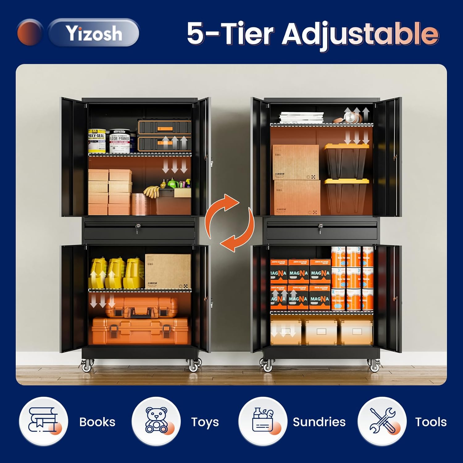 Yizosh Metal Garage Storage Cabinet with Locking Doors and Adjustable Shelves, 73' Rolling Tool Storage Cabinet with 4 Wheels and 1 Drawer for Garage,Warehouse (Black)