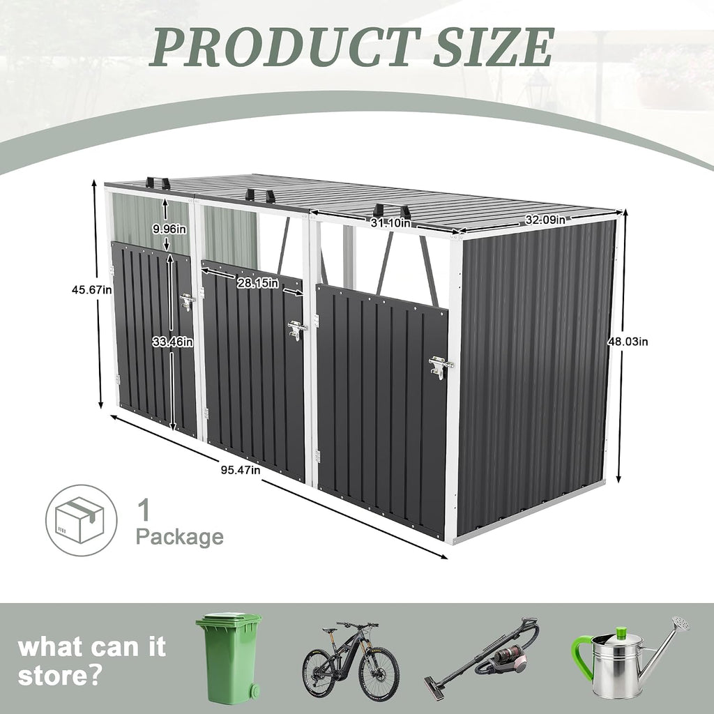 Montary 85 CU.FT Metal Outdoor Garbage Bin Storage Shed with Chain Lid, Waterproof Trash Can Organizer for 3 Bins, Garden Tools for Garden Yard Lawn, Dark Grey