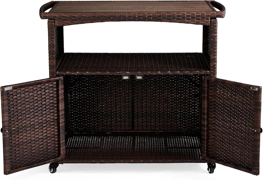 VINGLI Outdoor Storage Cabinet with Wheels, Waterproof Woven Rattan with Double Magnetic Doors, Mobile Multi-Purpose Cabinet for Storage, Buffet Server, Bar Table, Potting Bench (Wood Top)