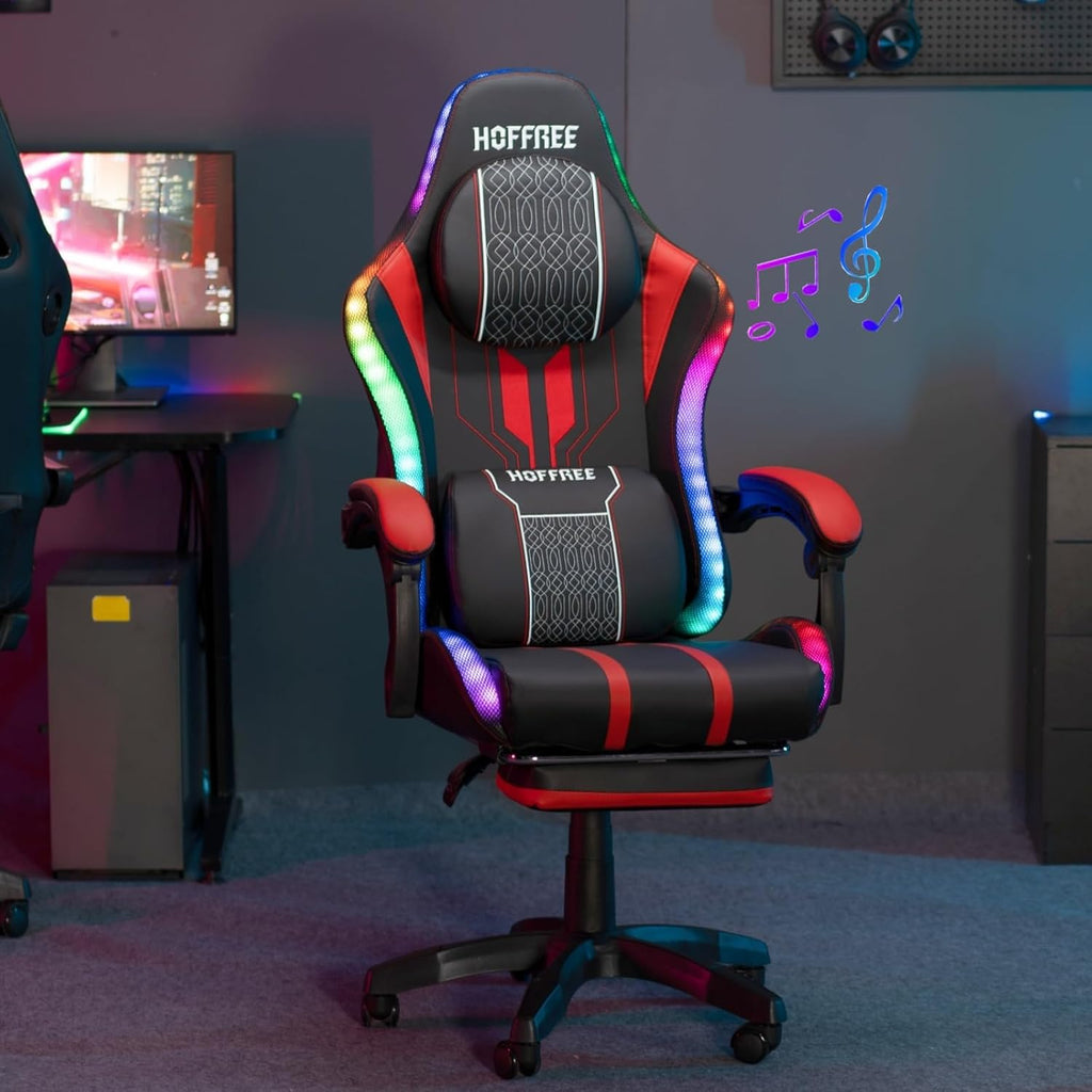 HOFFREE LED Gaming Chair with Speakers and Massage Video Game Chair Big and Tall with Footrest Gamer Chair for 400lbs Computer Desk Chair Red and Black, Red+black, HOGC-MAX303
