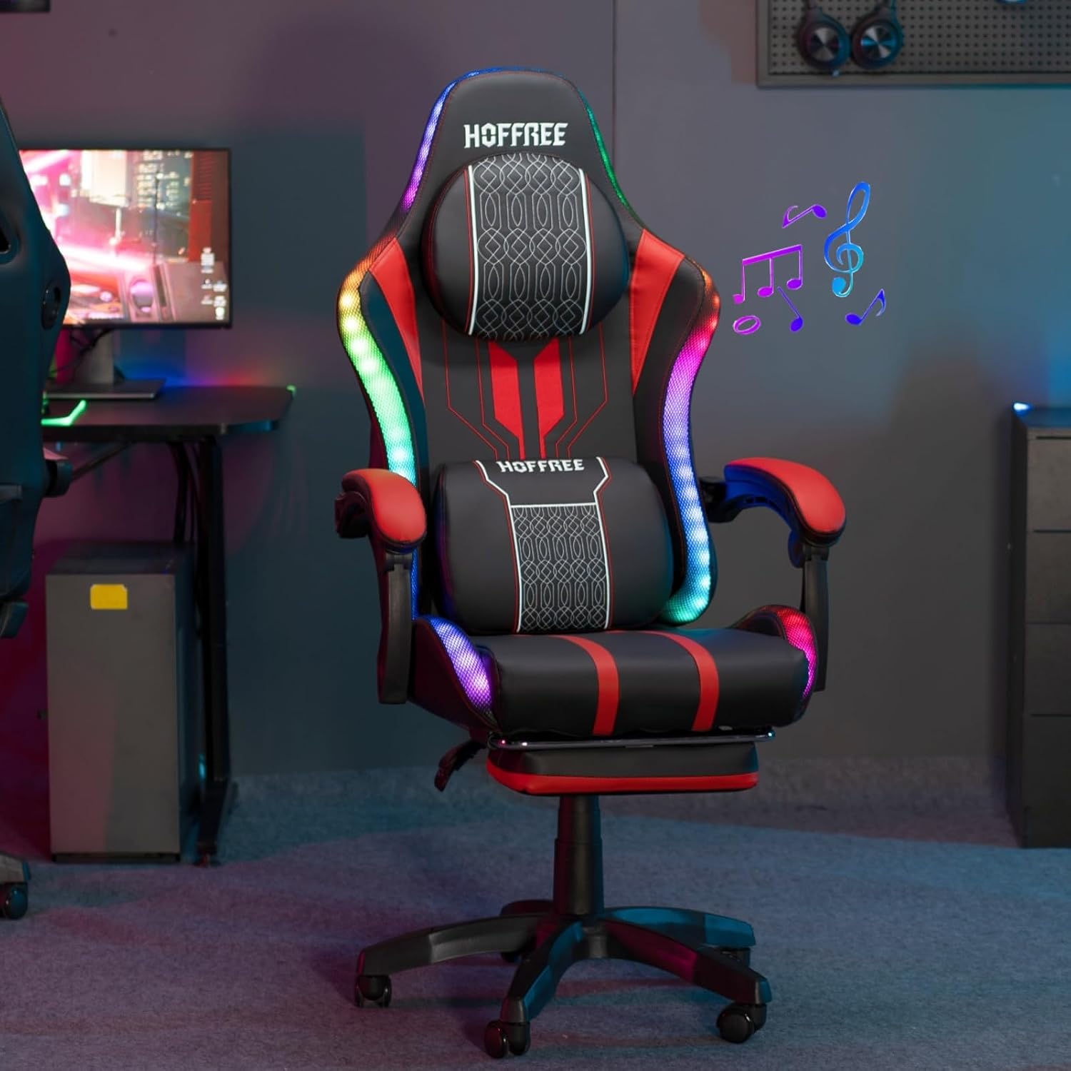 HOFFREE LED Gaming Chair with Speakers and Massage Video Game Chair Big and Tall with Footrest Gamer Chair for 400lbs Computer Desk Chair Red and Black, Red+black, HOGC-MAX303