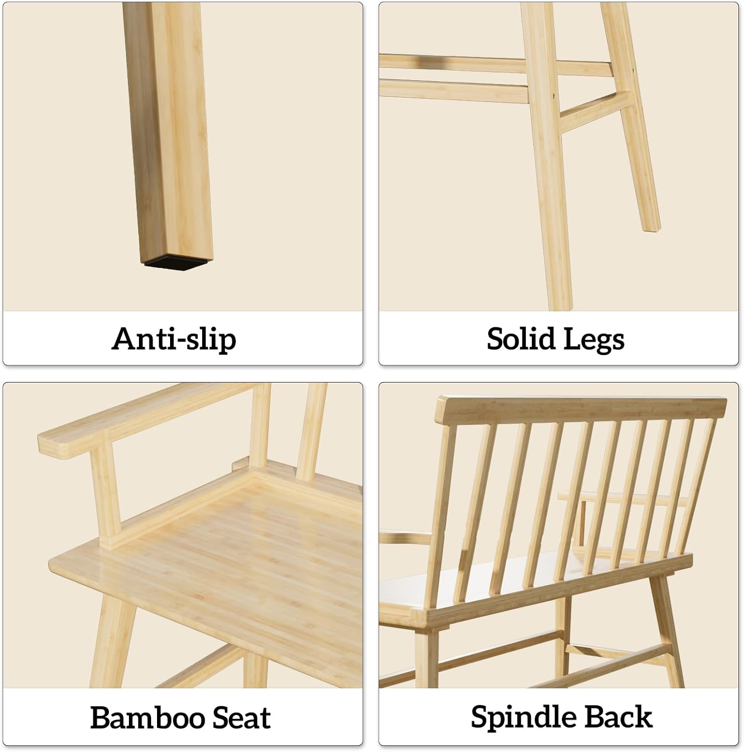 Dining Bench for Kitchen & Dining Room – Bamboo Wood Bench with Spindle Back & Armrests, Farmhouse Entryway Bench, Indoor Bedroom Bench, Versatile Entry Bench & Outdoor Bench Seating（Natural with Arm）