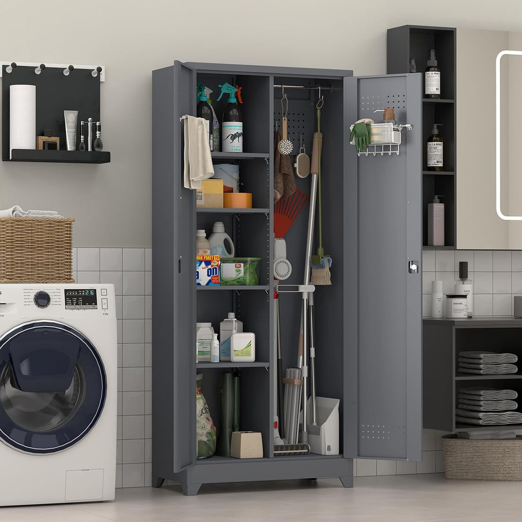 Metal Tool Storage Cabinet, Broom Closet with Hooks, 72.8' Tall Garage Cabinet with Shelves, Heavy-Duty Cleaning Storage for Utility Room, Gym, Office, Garage