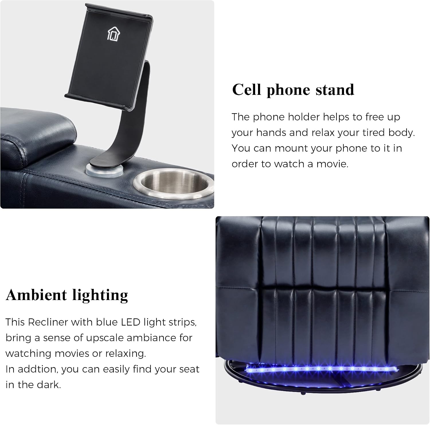 Merax 270 Degrees Power Swivel Recliner,Home Theater Seating with Hidden Arm Storage and LED Light Strip,Cup Holder,360 Degrees Swivel Tray Table,and Cell Phone Holder,Soft Living Room Chair,Blue