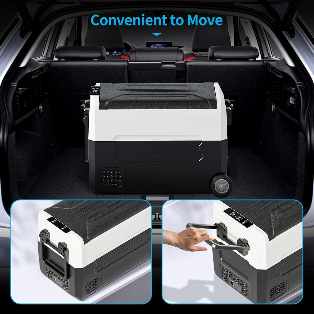 TABU 49QT Portable Car Refrigerator, 12V Dual Zone Freezer& Cooler with 12/24V DC&110/240V AC,Car Fridge with Wheels,Low Noise,-4℉~68℉, for Camping, Travel, RV (Black)