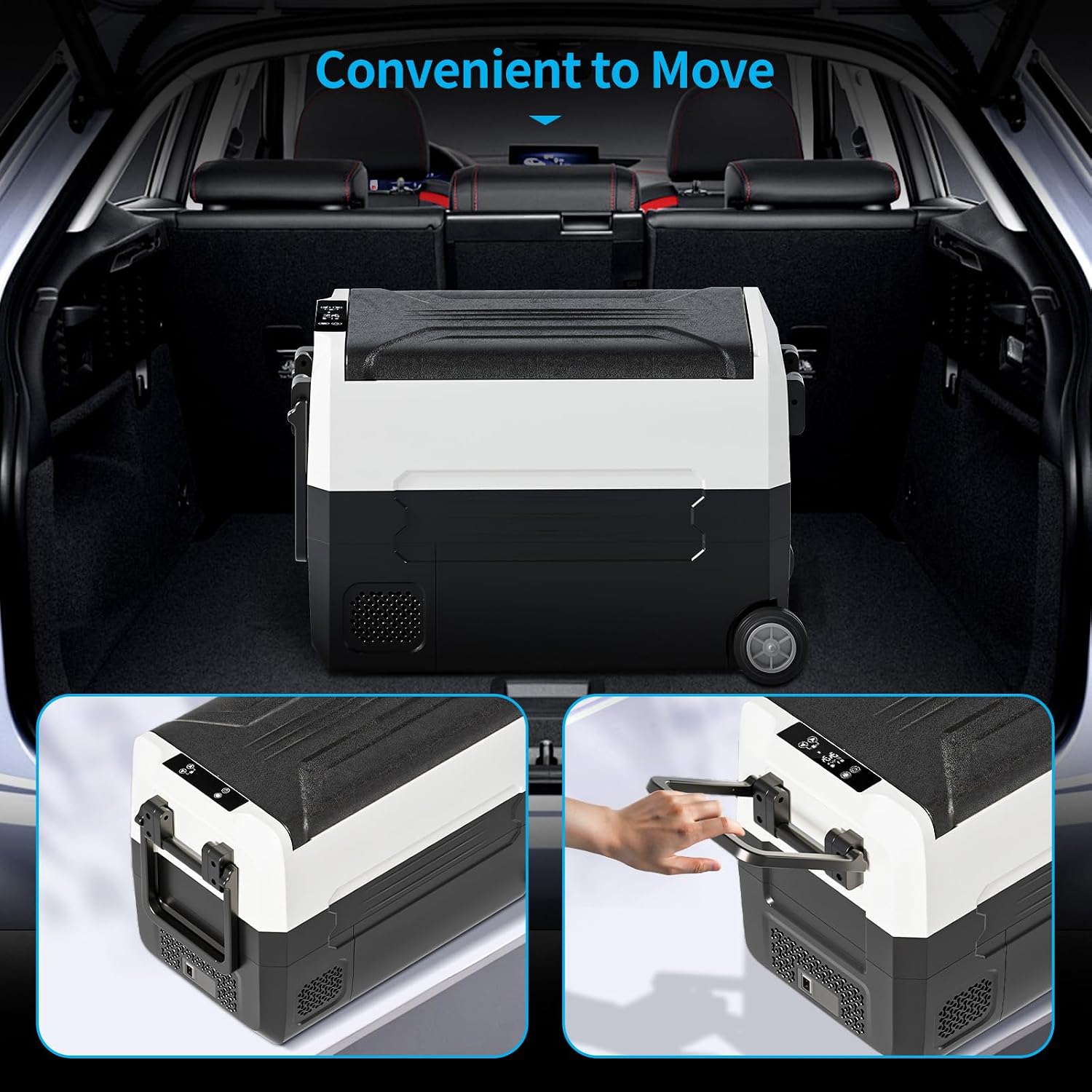 TABU 49QT Portable Car Refrigerator, 12V Dual Zone Freezer& Cooler with 12/24V DC&110/240V AC,Car Fridge with Wheels,Low Noise,-4℉~68℉, for Camping, Travel, RV (Black)