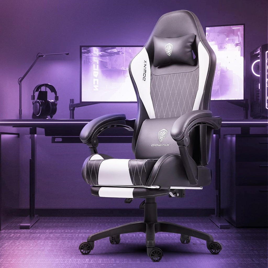 Dowinx Gaming Chair with Massage Lumbar Support and Footrest, Video Game Chair for Adults, Adjustable Ergonomic Gamer Chairs High Back with Pocket Spring Cushion, Swivel Recliner with Headrest, White