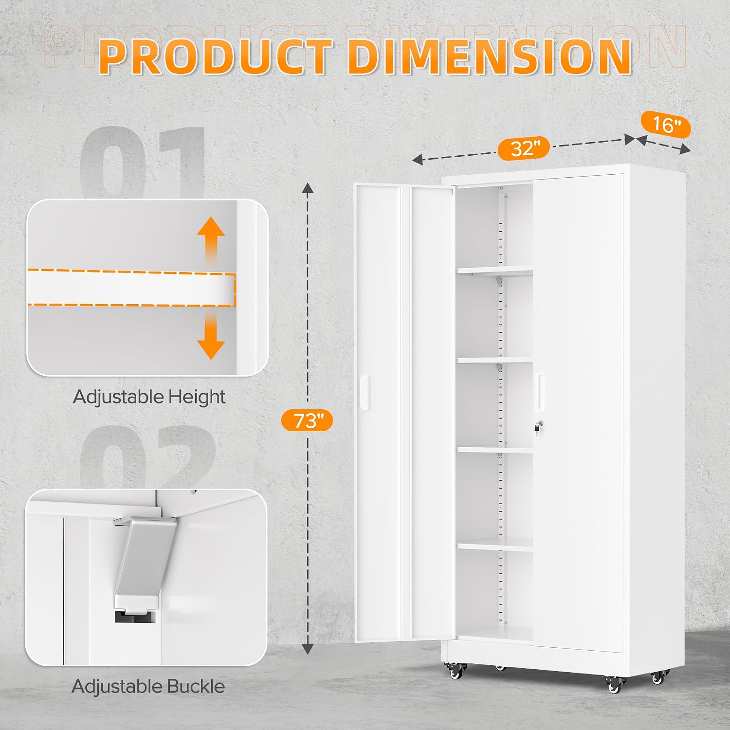 Superday Garage Storage Cabinet with Wheels，73' H Metal Storage Cabinet with Doors and Adjustable Shelves, Lockable Steel Utility Tool Cabinets for Garage, Home Office, Kitchen(White)