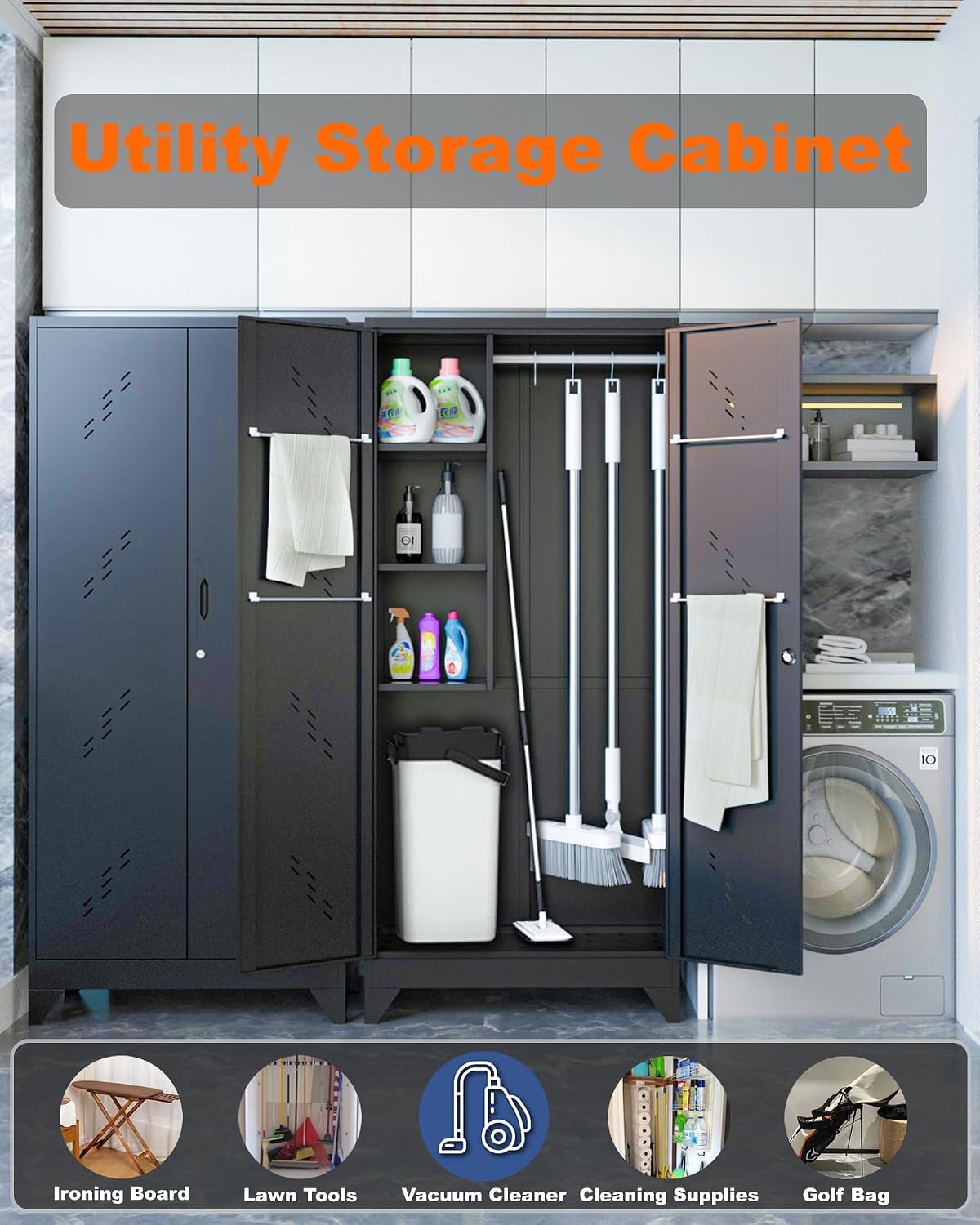 OSEILLC Metal Storage Cabinet with Locking Doors, 75' Tall Garage Cabinet with Hanging Rod, Broom Closet/Freestanding Bathroom Storage Cabinet, Cleaning Tool Storage
