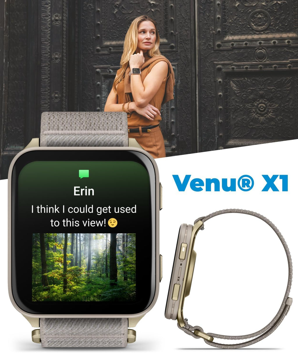 Garmin Venu X1 Thin and Lightweight GPS Smartwatch, AMOLED Display, Advanced Health & Fitness Features, Soft Gold w/Titanium Caseback & French Gray Nylon Band Black Earbuds Bundle