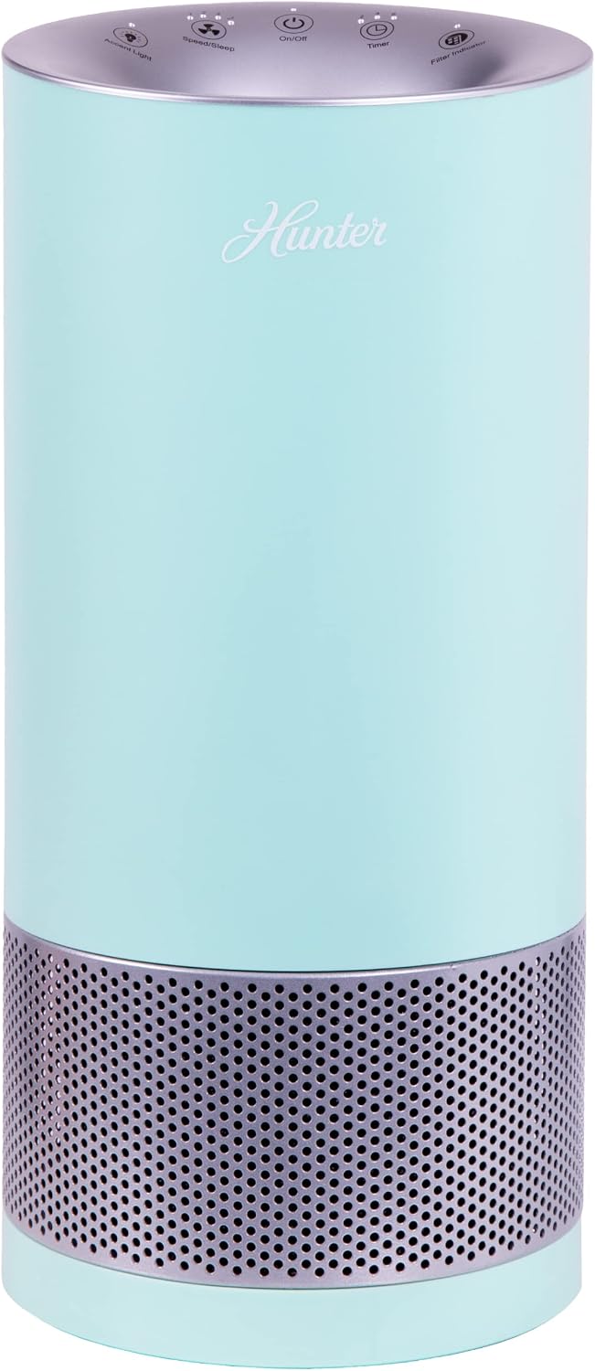 Hunter HP400 Round Air Purifiers for Home, True HEPA Air Purifier Tower for Pets, Odors, Allergens, Smoke, Dust, VOC's. HEPA Air Purifiers for Bedroom and Small Room, Aqua and Silver