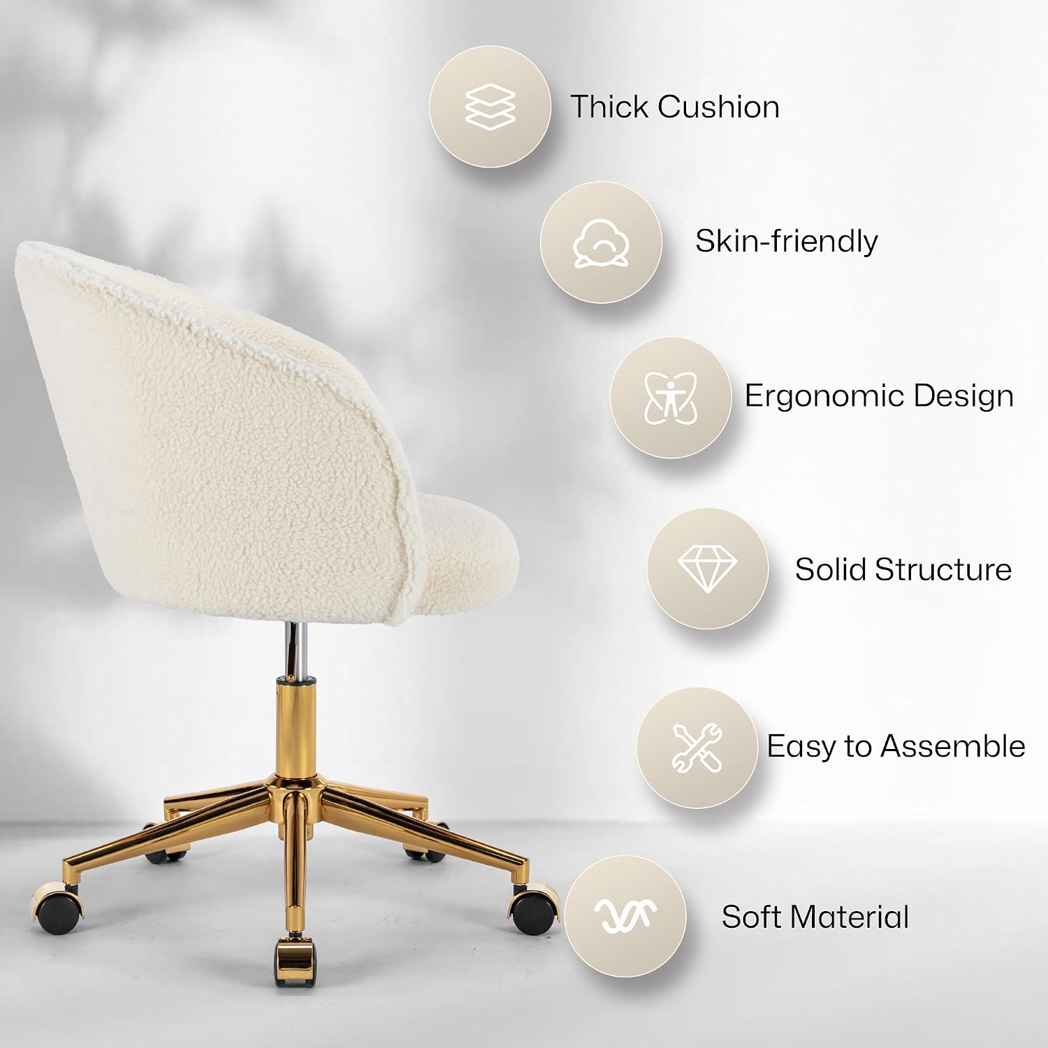 KCC Faux Fur Office Desk Chair, Comfy Fluffy Swivel Modern Leisure Armchair with Wheels, Upholstered Comfy Fuzzy Vanity Makeup Chair Height Adjustable for Teens Women Girls Elegant Home Office