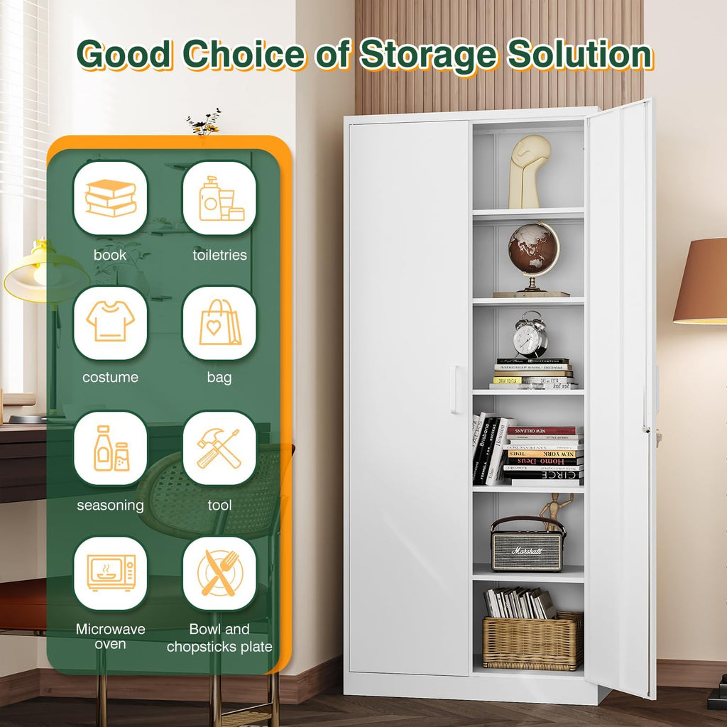 Letaya Metal White Storage Cabinet with Lock-71 Tall Metal Pantry Cabinets,5 Adjustable Shelves and Door for Home,Office,Kitchen,Warehouse,Utility Room(White)