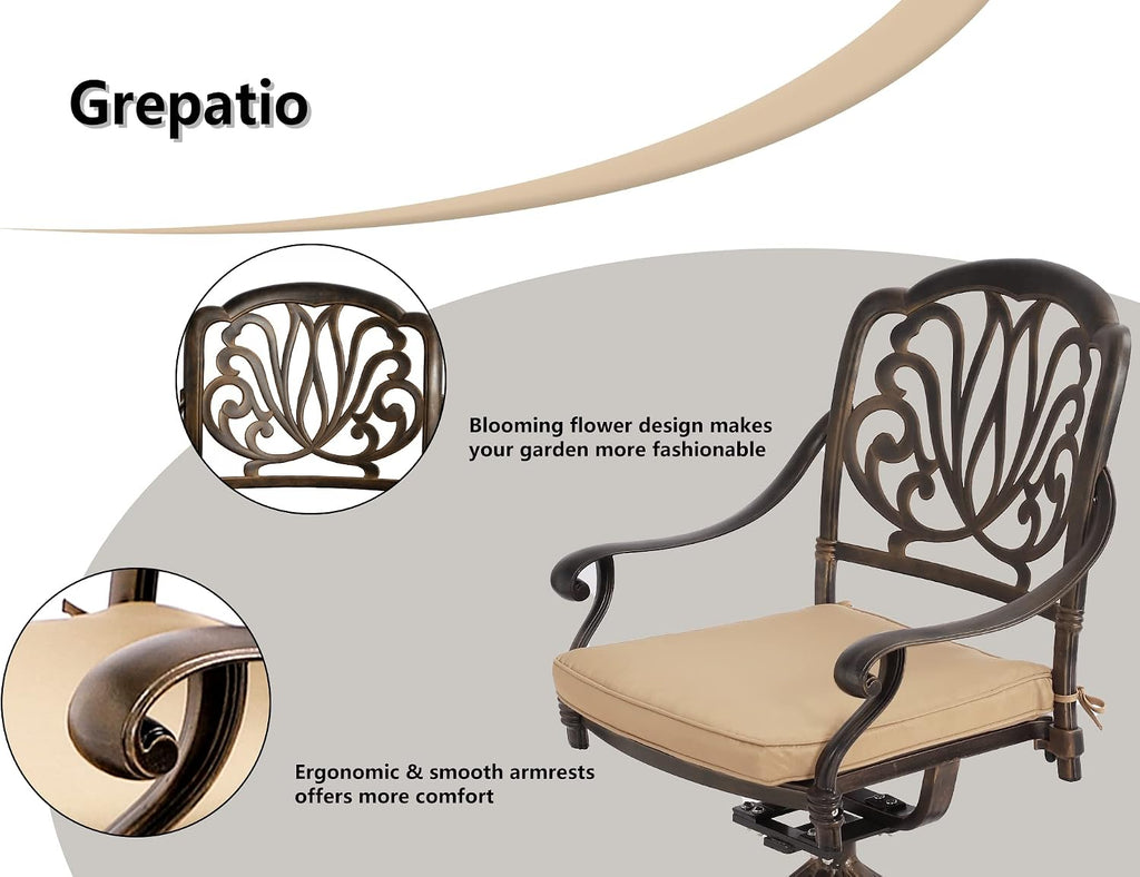 Grepatio 5 Piece Outdoor Dining Set Cast Aluminum Patio Dining Set Table and Chairs Outside Furniture 4 Swivel Chairs with Cushion and 1 Umbrella Hole Round Dining Table for Lawn Garden Patio (Khaki)