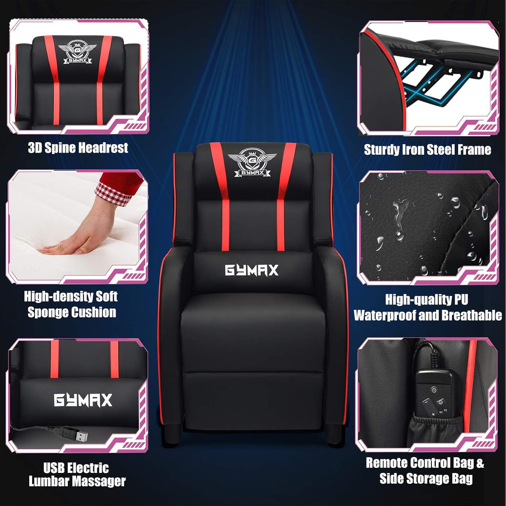POWERSTONE Gaming Recliner Chair, Reclining Gaming Chairs for Adults Ergonomic Leather Sofa with Footrest Lumbar Support Headrest and Side Pouch for Living Room Home Theater, Red