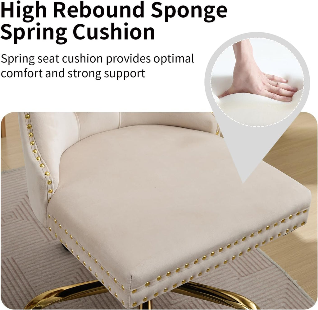 Beige Velvet Home Office Desk Chair with Wheels & Gold Base, Cute Makeup Vanity Chair with Tufted Back for Women Girls, Upholstered Adjustable Swivel Armless Office Chair for Bedroom, Beige