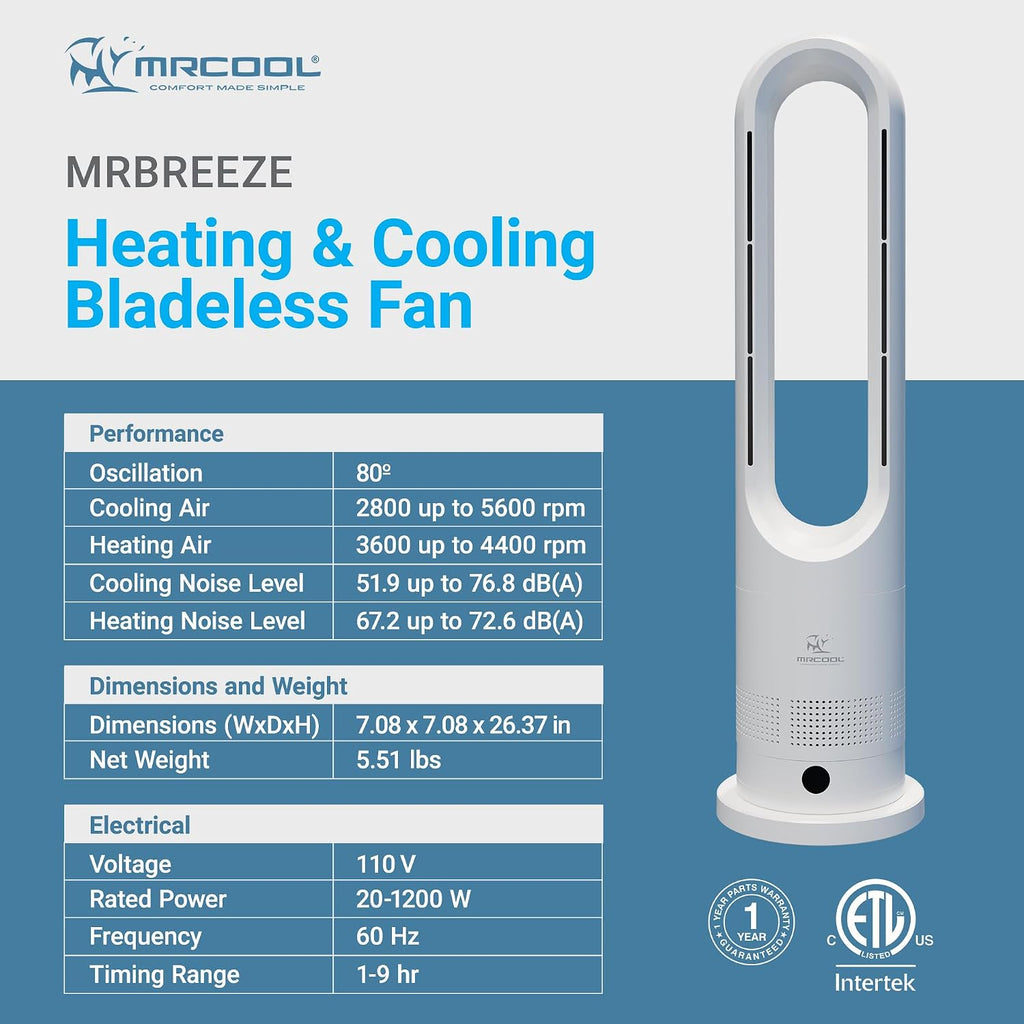 MRCOOL MrBreeze 4K BTU Bladeless Heating & Cooling Tower Fan, Quiet Portable Electric Indoor Heater with Oscillation and Remote Control, White