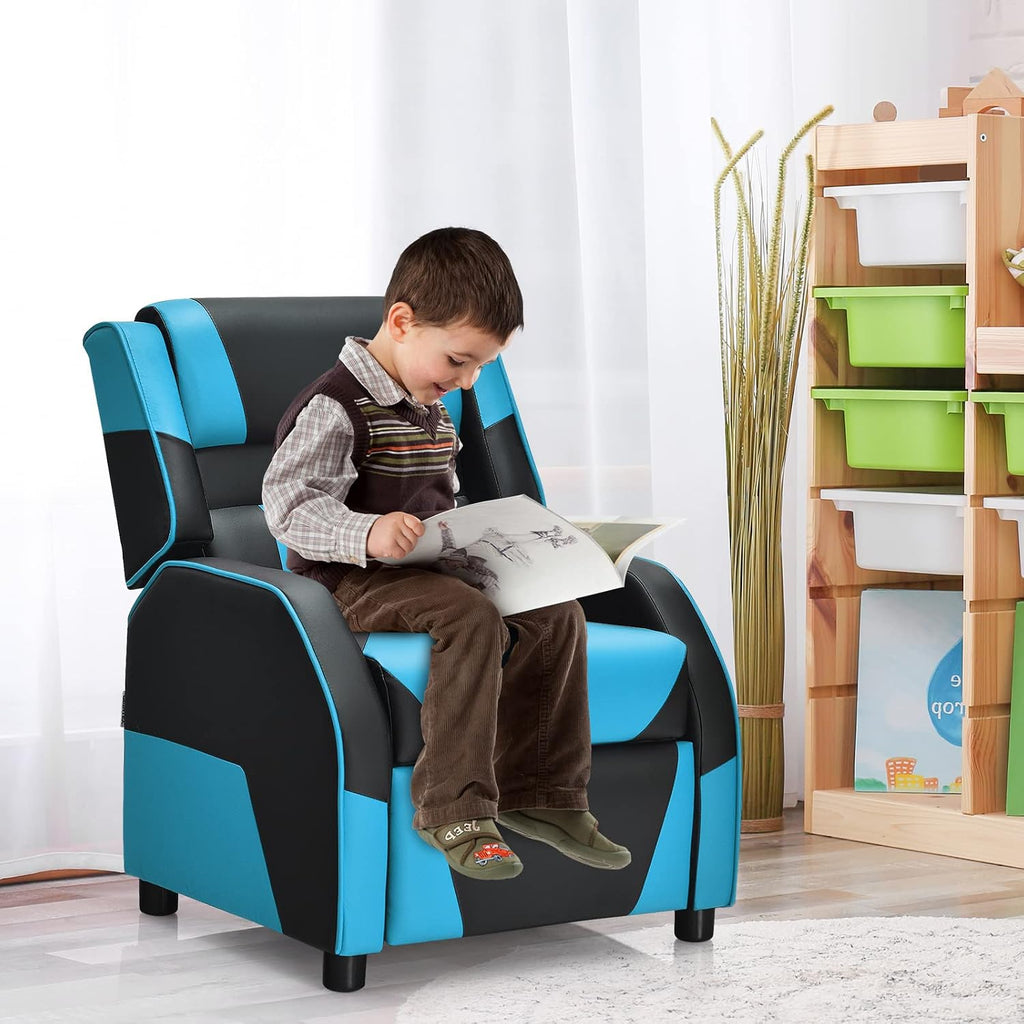 COSTWAY Kids Recliner Sofa, Toddler Leather Recliner with Adjustable Footrest & Headrest, Gaming Reclining Chair for Boys Girls Aged 3 Years Up, Kid-Sized Lounge Chair for Living Room (Blue)