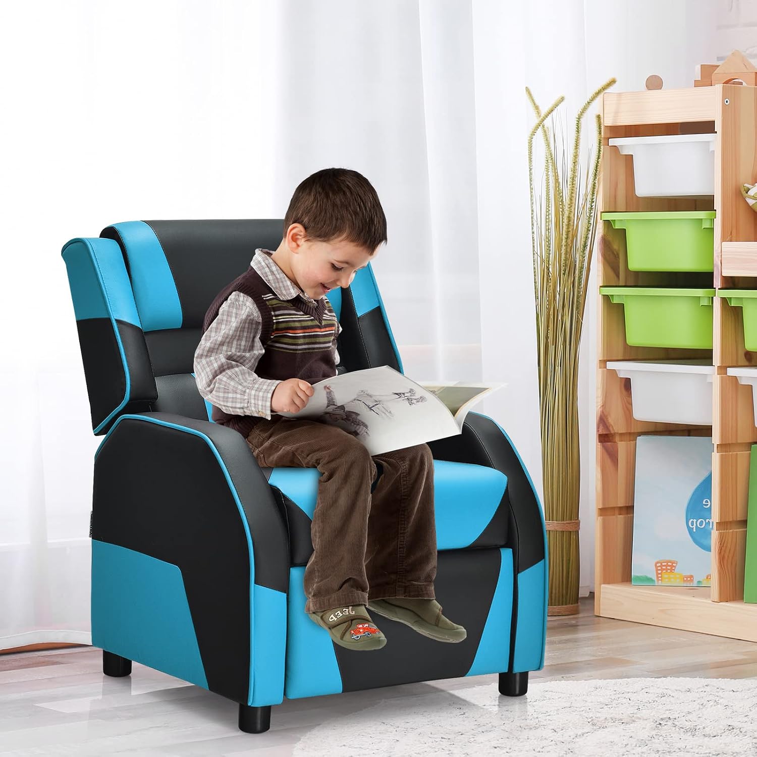 COSTWAY Kids Recliner Sofa, Toddler Leather Recliner with Adjustable Footrest & Headrest, Gaming Reclining Chair for Boys Girls Aged 3 Years Up, Kid-Sized Lounge Chair for Living Room (Blue)